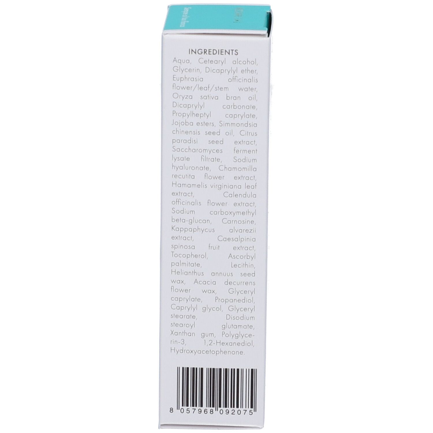 Verpackung. Auflistung der Inhaltsstoffe. Barcode und Herstellerinformationen.