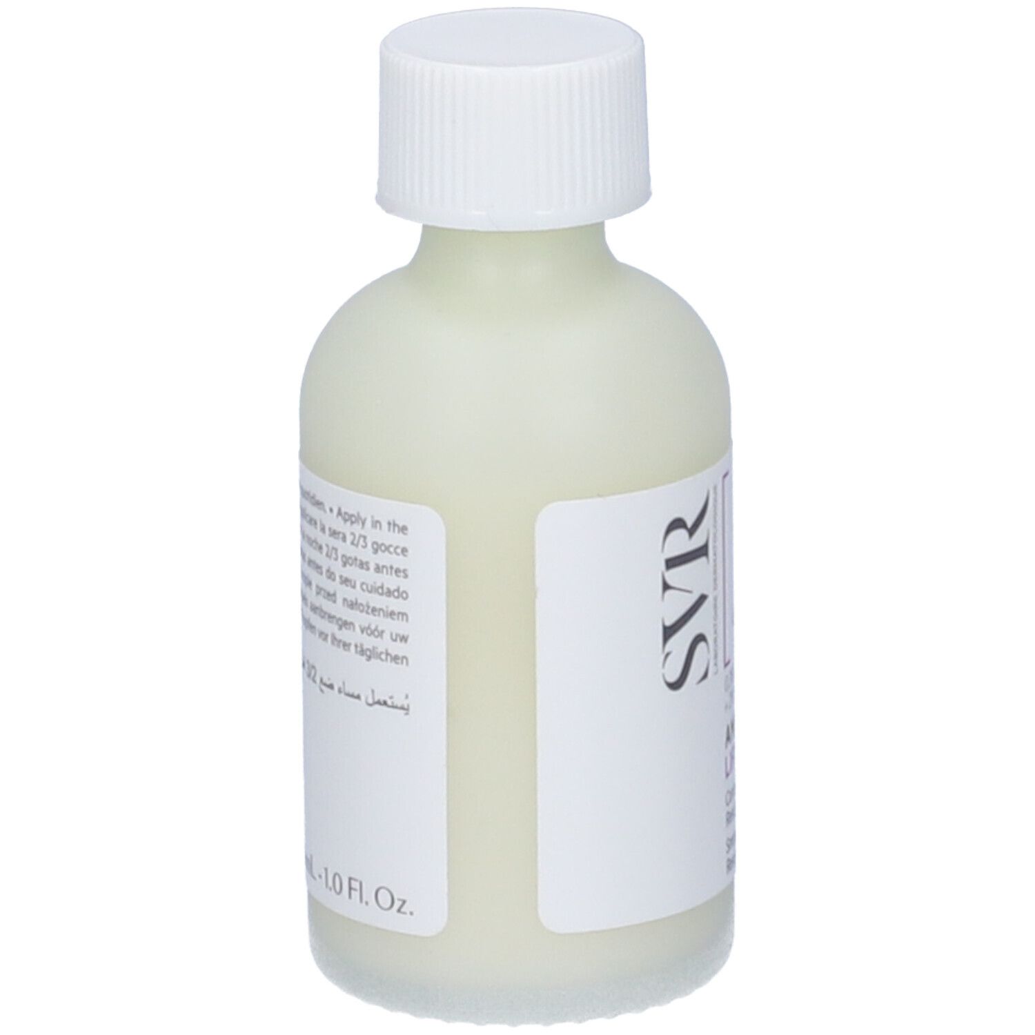 SVR Ampulle A. Flasche mit weißem Deckel. Etikett mit Produktinformationen. Aufschrift: SVR.