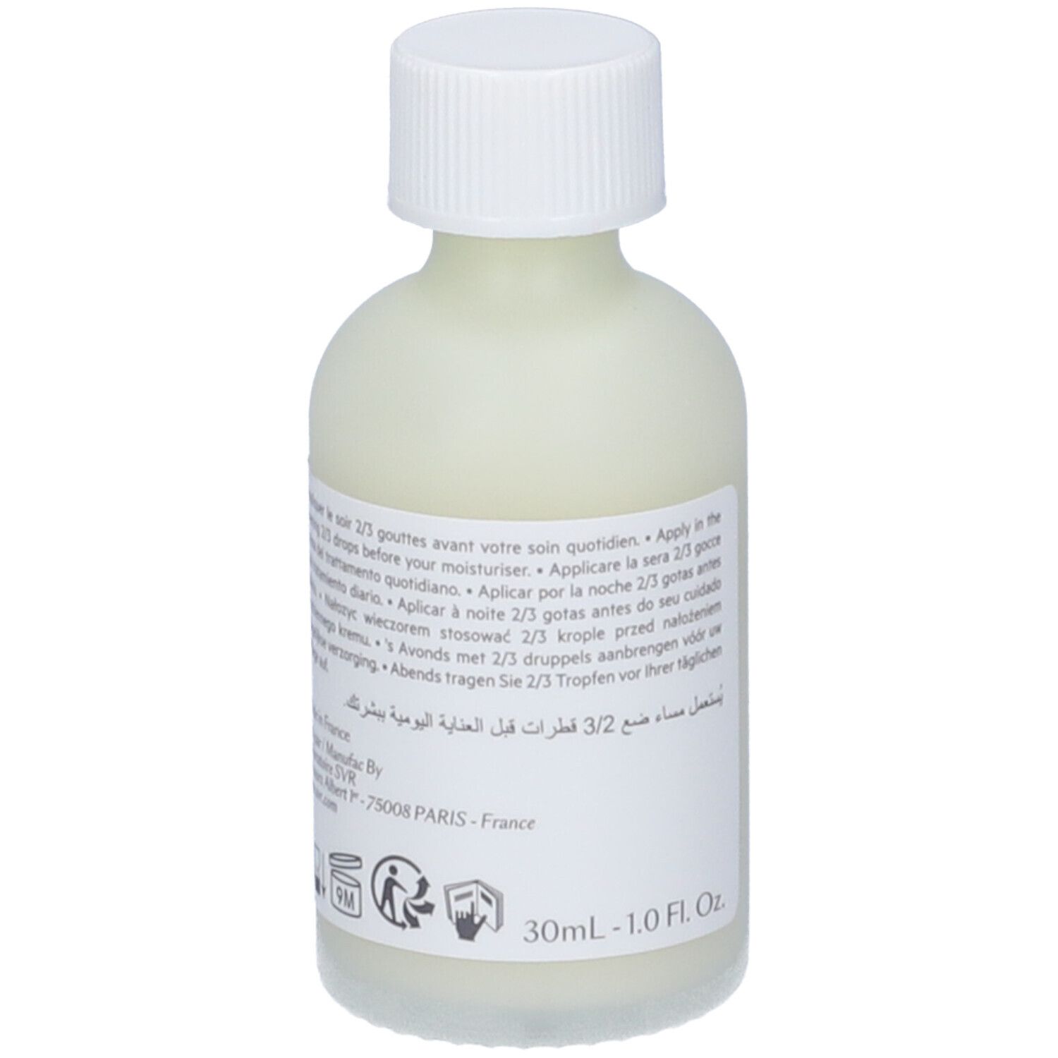 SVR Ampulle A. Flasche mit weißem Deckel. Etikett mit Produktinformationen. Aufschrift: SVR, 30ml.