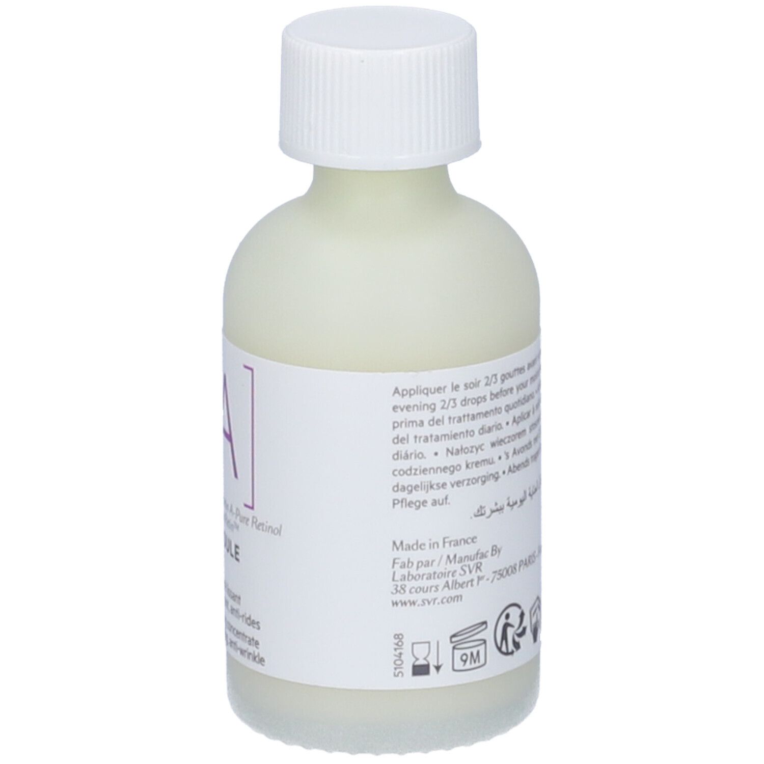 SVR Ampulle A. Flasche mit weißem Deckel. Etikett mit Produktinformationen. Aufschrift: SVR, 9M.