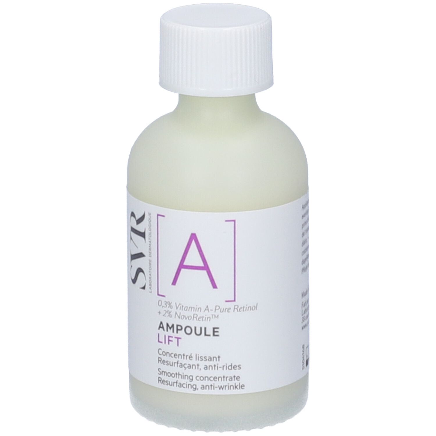 SVR Ampulle A. Flasche mit weißem Deckel und Etikett. Aufschrift: Ampoule Lift, A, SVR.