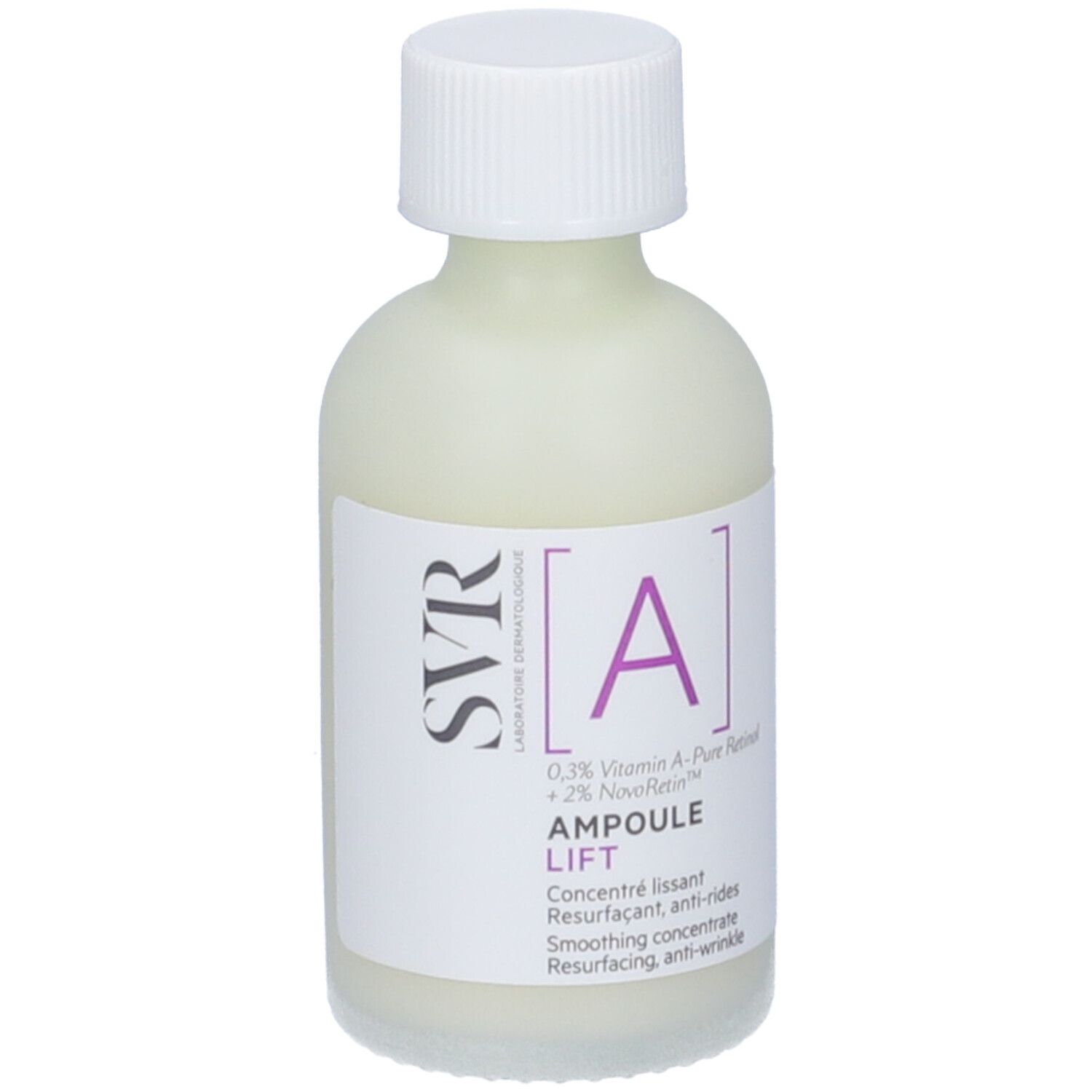 SVR Ampulle A. Flasche mit weißem Deckel und Etikett. Aufschrift: Ampoule Lift, A, SVR.