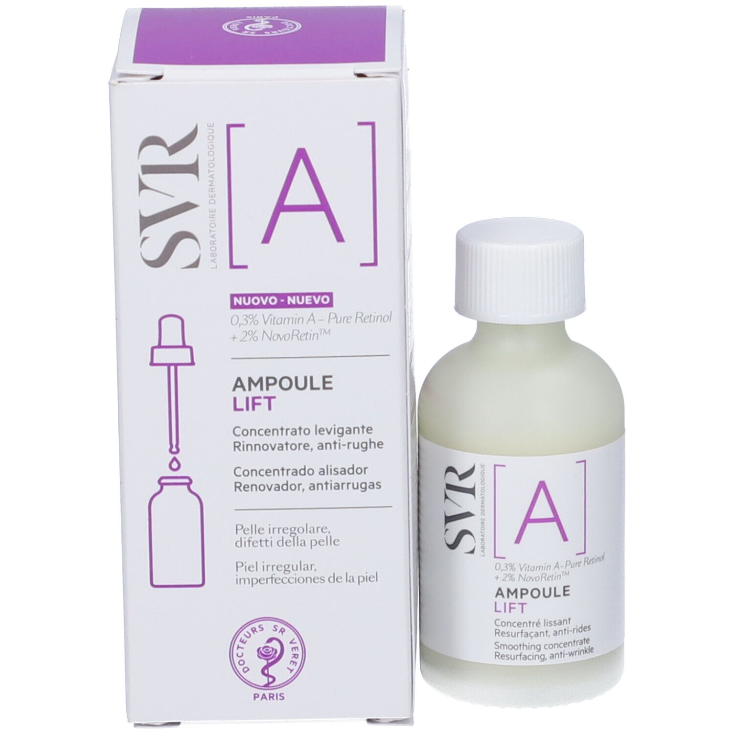 SVR Ampulle A und Verpackung. Flasche und Schachtel mit Aufschrift: Ampoule Lift, A, SVR.