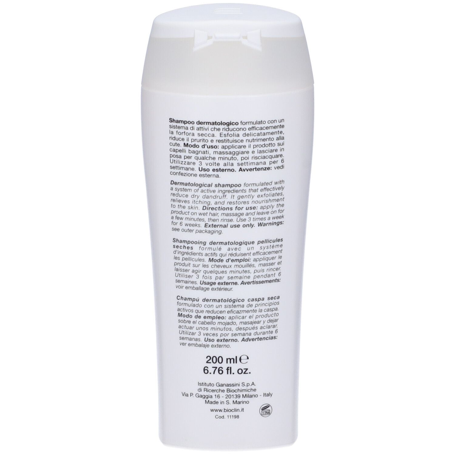 Weiße Flasche mit dermatologischem Shampoo, 200 ml.
