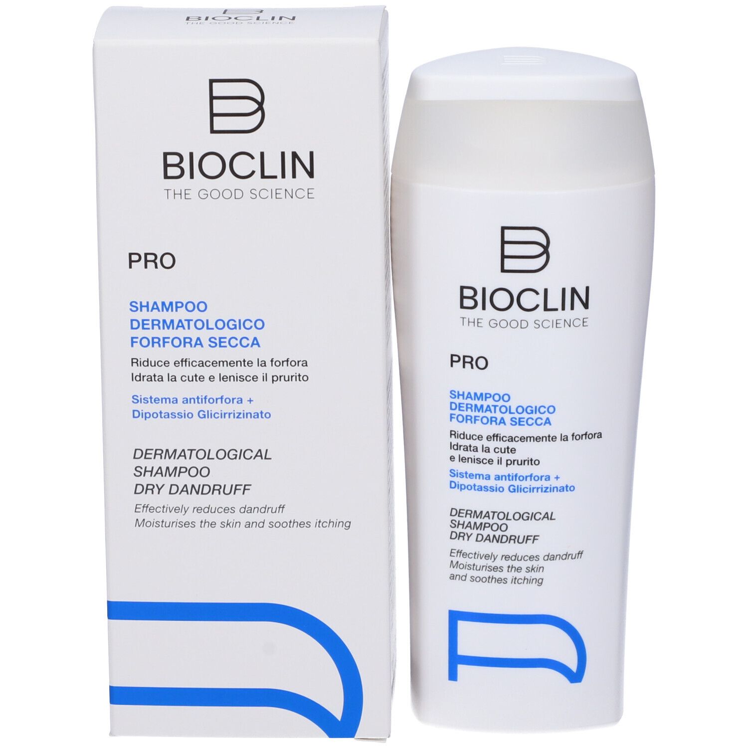 Bioclin Pro Dermatologisches Shampoo bei trockenem Schuppen. Flasche und Karton.