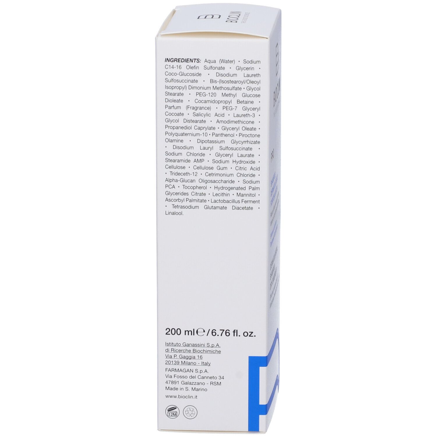 Weiße Verpackung mit Zutatenliste und 200 ml / 6.76 fl. oz. Angabe.
