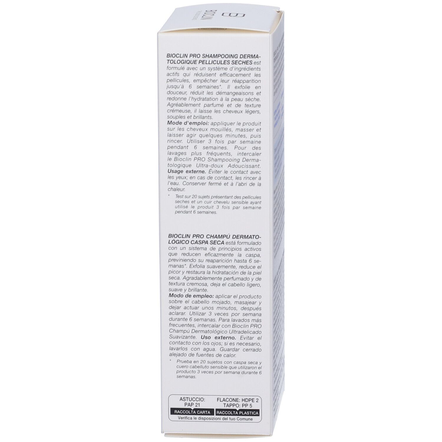 Verpackung für Bioclin Pro Shampoo, Dermo-Tologique Pellicules Sèches.