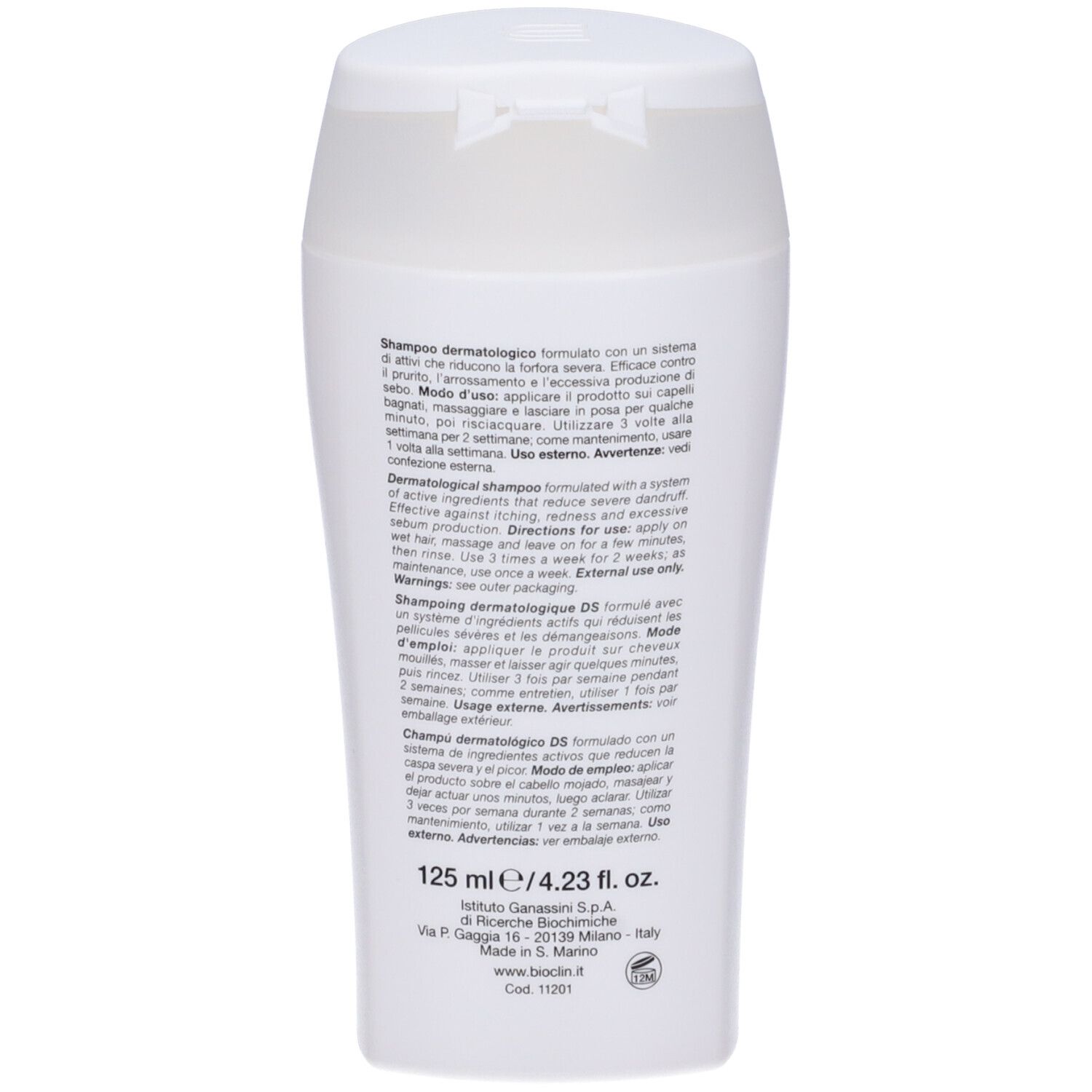 Weiße Flasche mit dermatologischem Shampoo, 125 ml.