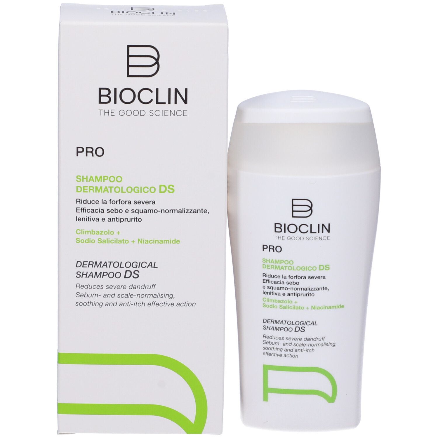 Bioclin Pro Dermatologico DS Shampoo-Flasche und Kartonverpackung. Enthält Climbazol, Natriumsalicylat und Niacinamid.