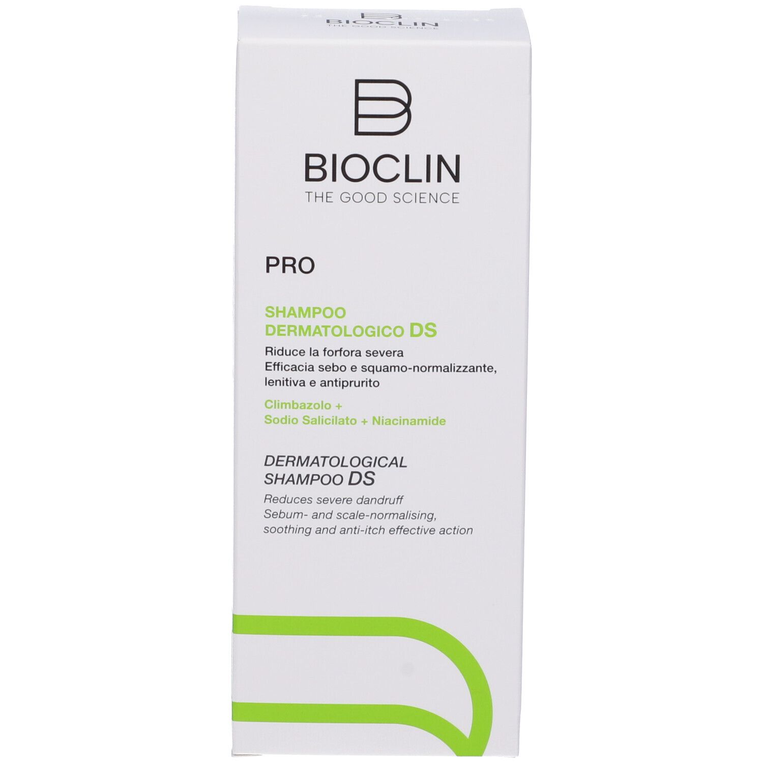 Bioclin Pro Dermatologico DS Shampoo-Verpackung. Für schwere Schuppen. Enthält Climbazol, Salicylsäure, Niacinamid.