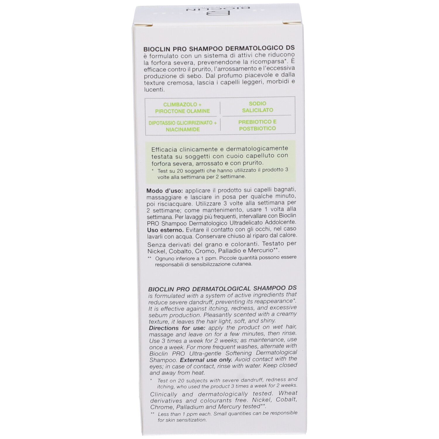Bioclin Pro Shampoo Dermatologico DS Flasche mit Informationen und Inhaltsstoffen.