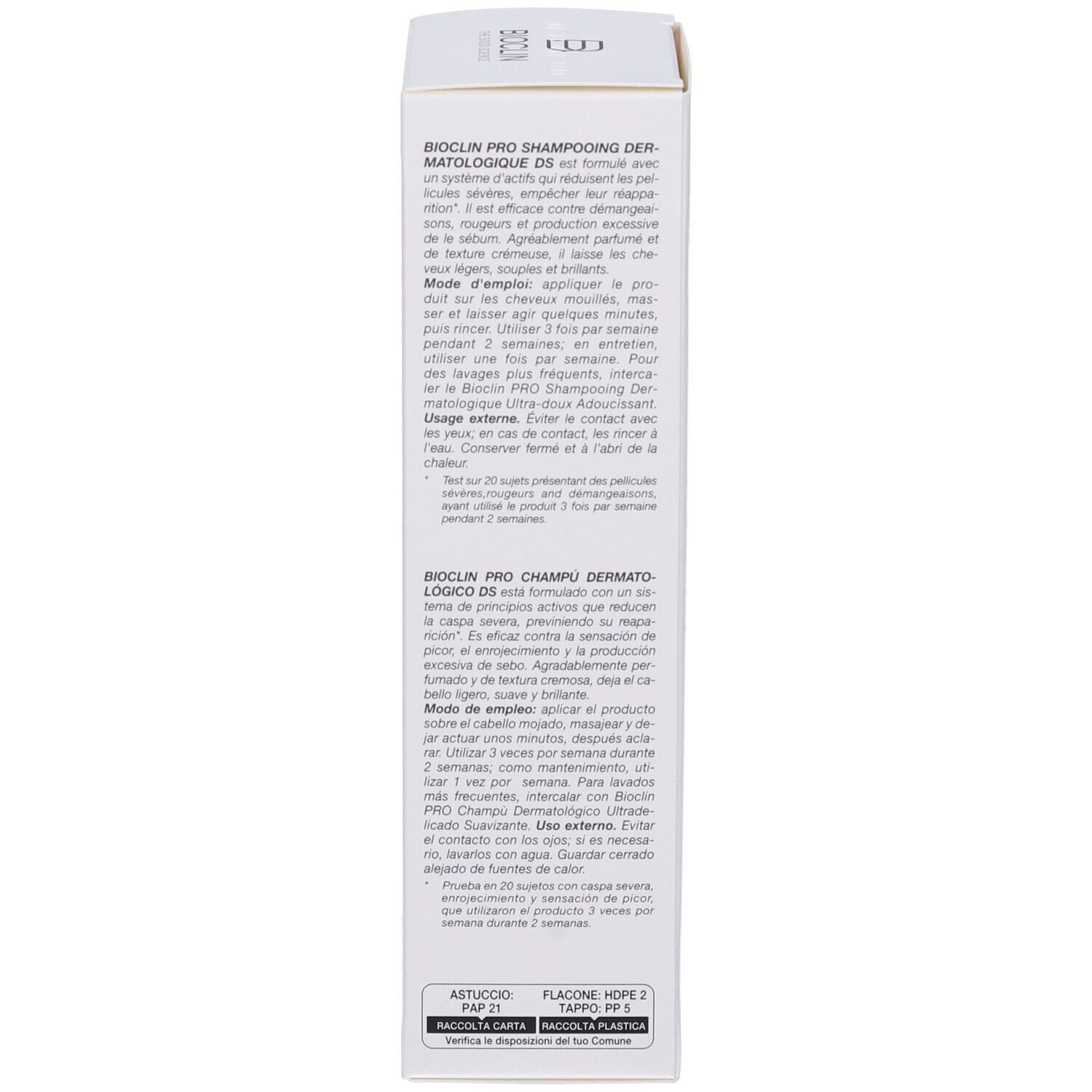 Verpackung für Bioclin Pro Shampoo Dermatologique DS, mit Anwendungshinweisen.
