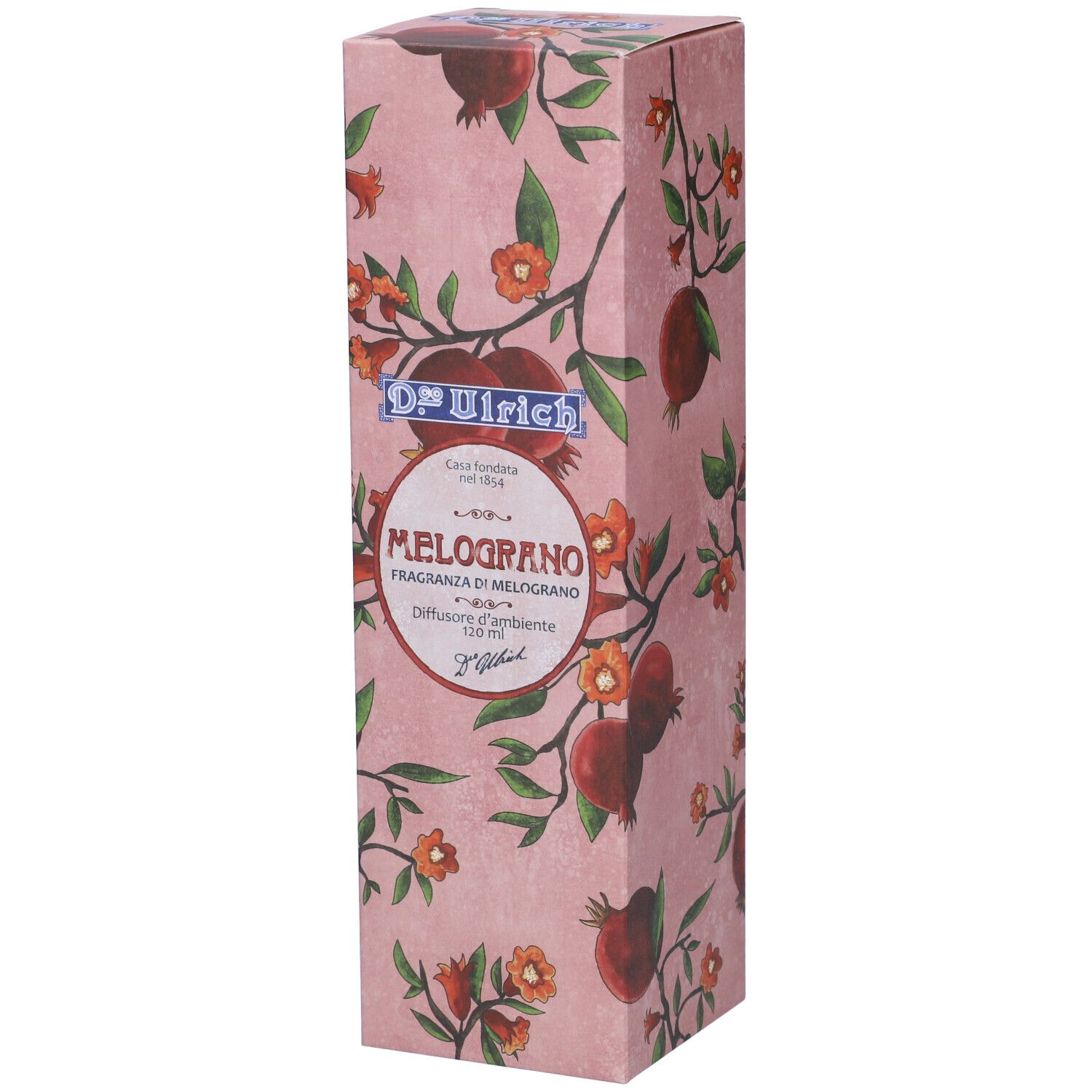 Confezione D.co Ulrich Melograno. Sfondo rosa, motivo melograno. Testo: Melograno, Diffusore d'ambiente.
