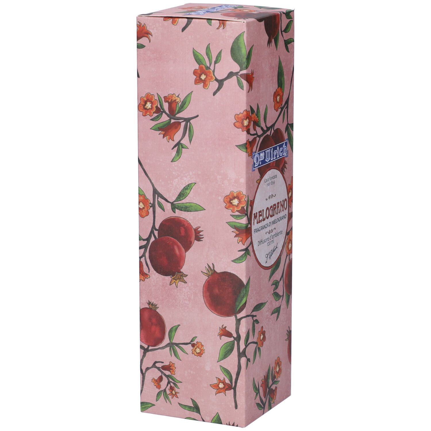 Confezione D.co Ulrich Melograno. Sfondo rosa, motivo melograno. Testo: Melograno, Diffusore d'ambiente.