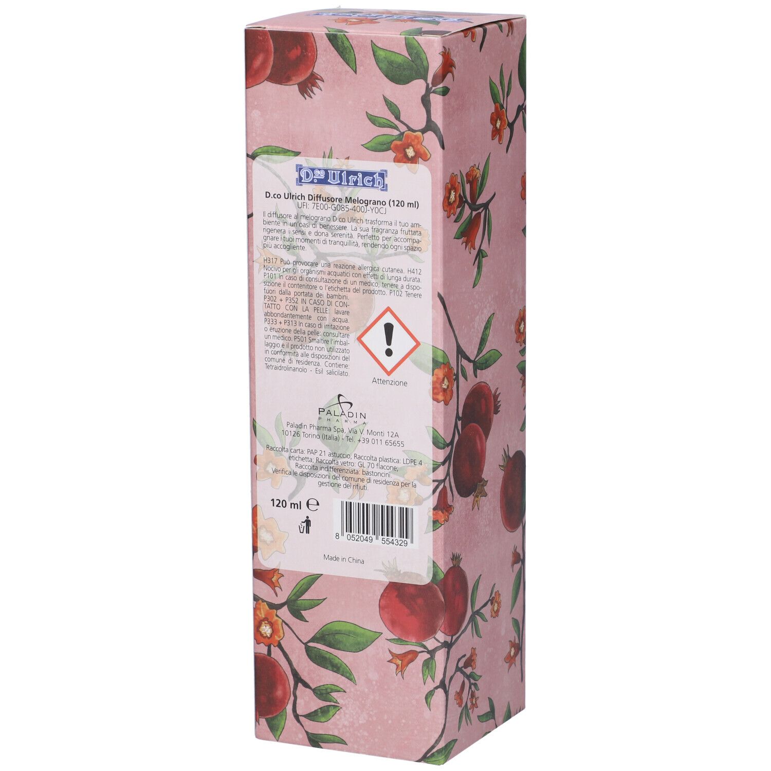 Confezione D.co Ulrich Melograno. Sfondo rosa, motivo melograno. Testo e avvertenze sul retro.