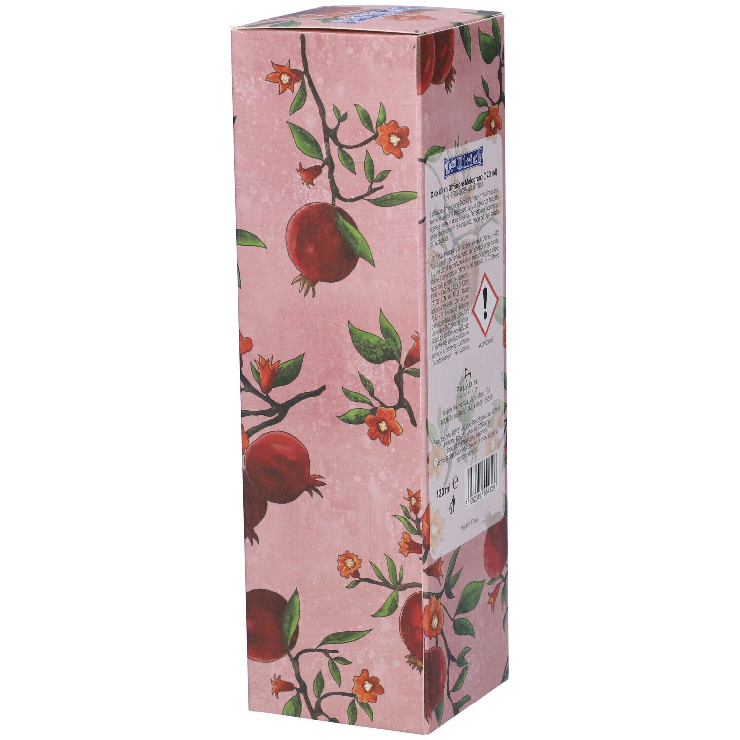 Confezione D.co Ulrich Melograno. Sfondo rosa, motivo melograno. Testo e avvertenze sul lato.