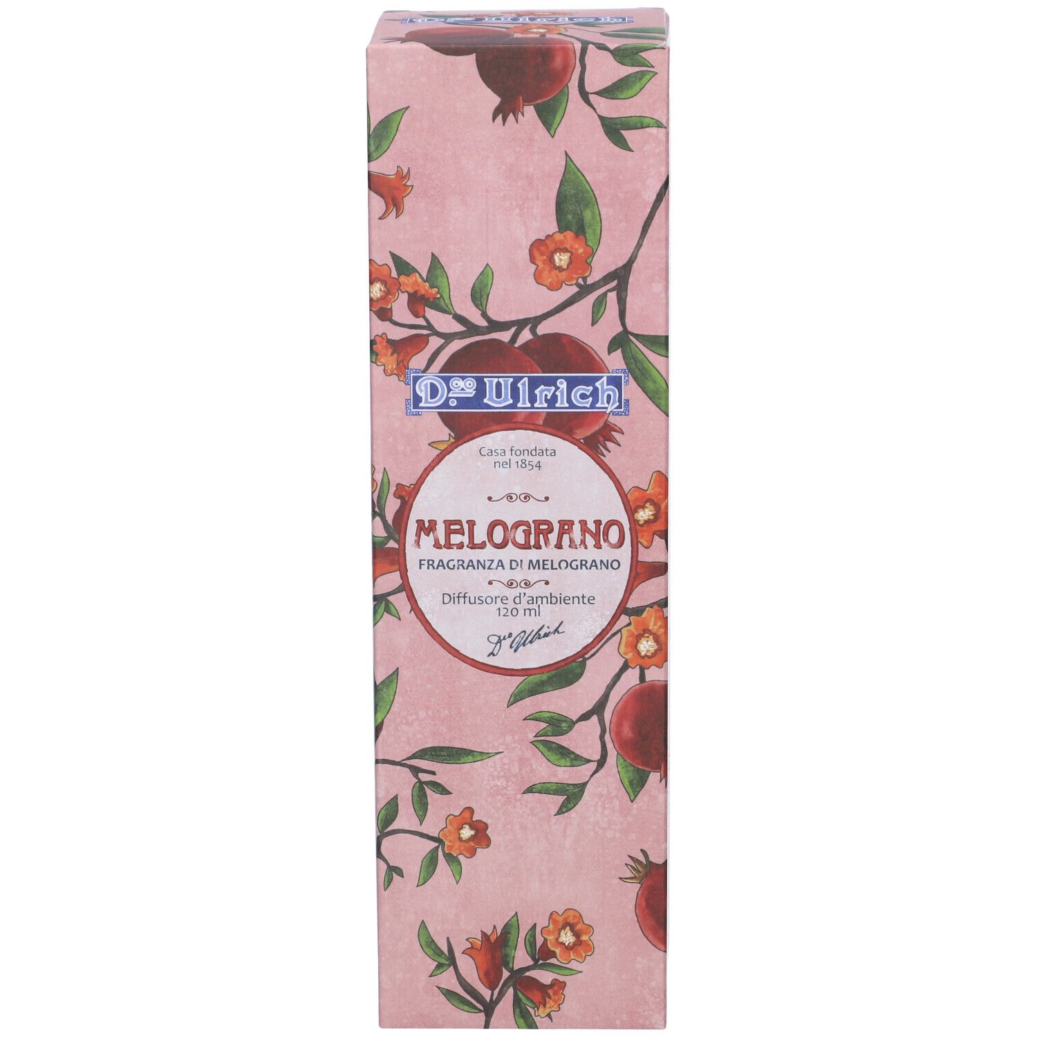 Confezione D.co Ulrich Melograno. Sfondo rosa, motivo melograno. Testo: Melograno, Diffusore d'ambiente, 120 ml.