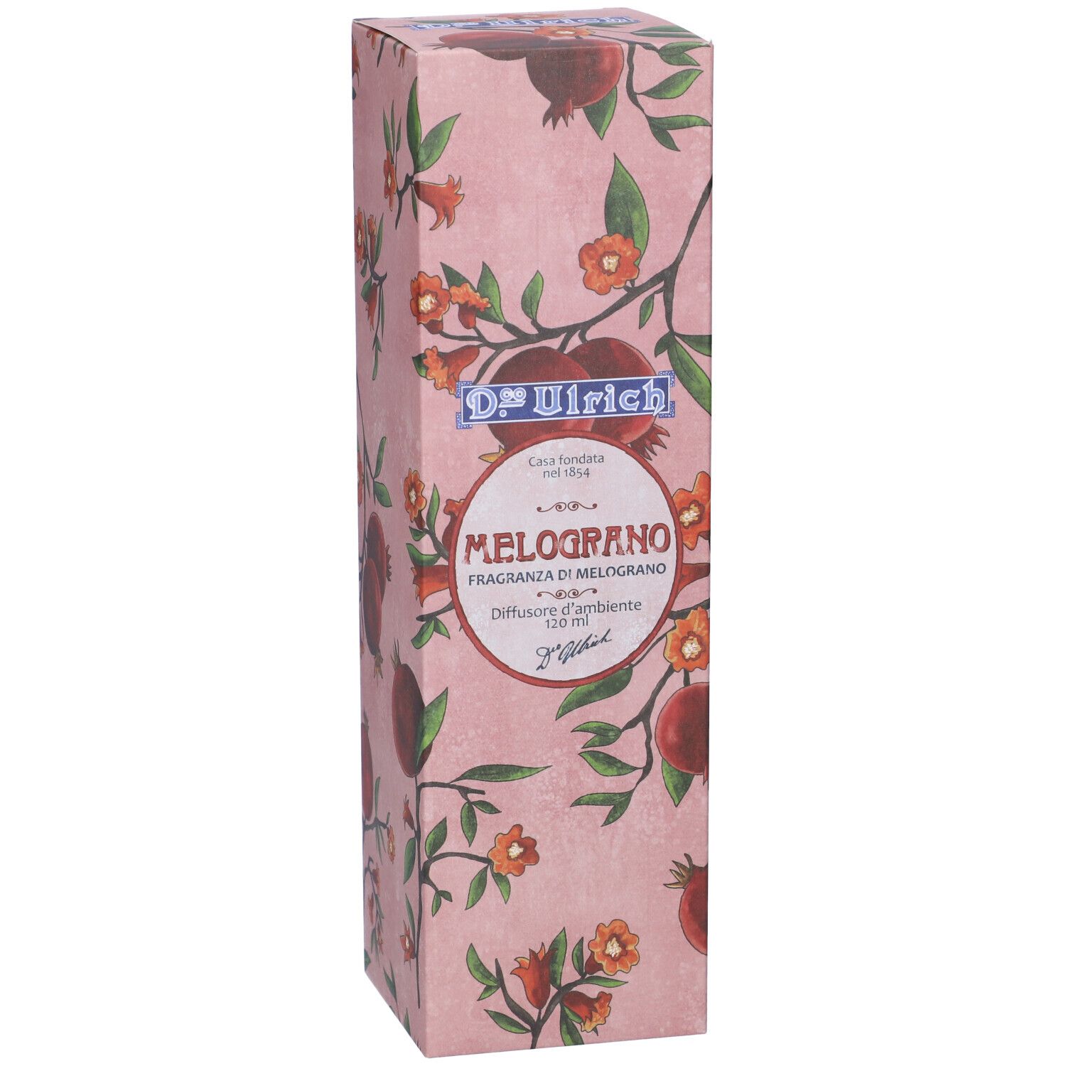 Confezione D.co Ulrich Melograno. Sfondo rosa, motivo melograno. Testo: Melograno, Diffusore d'ambiente.