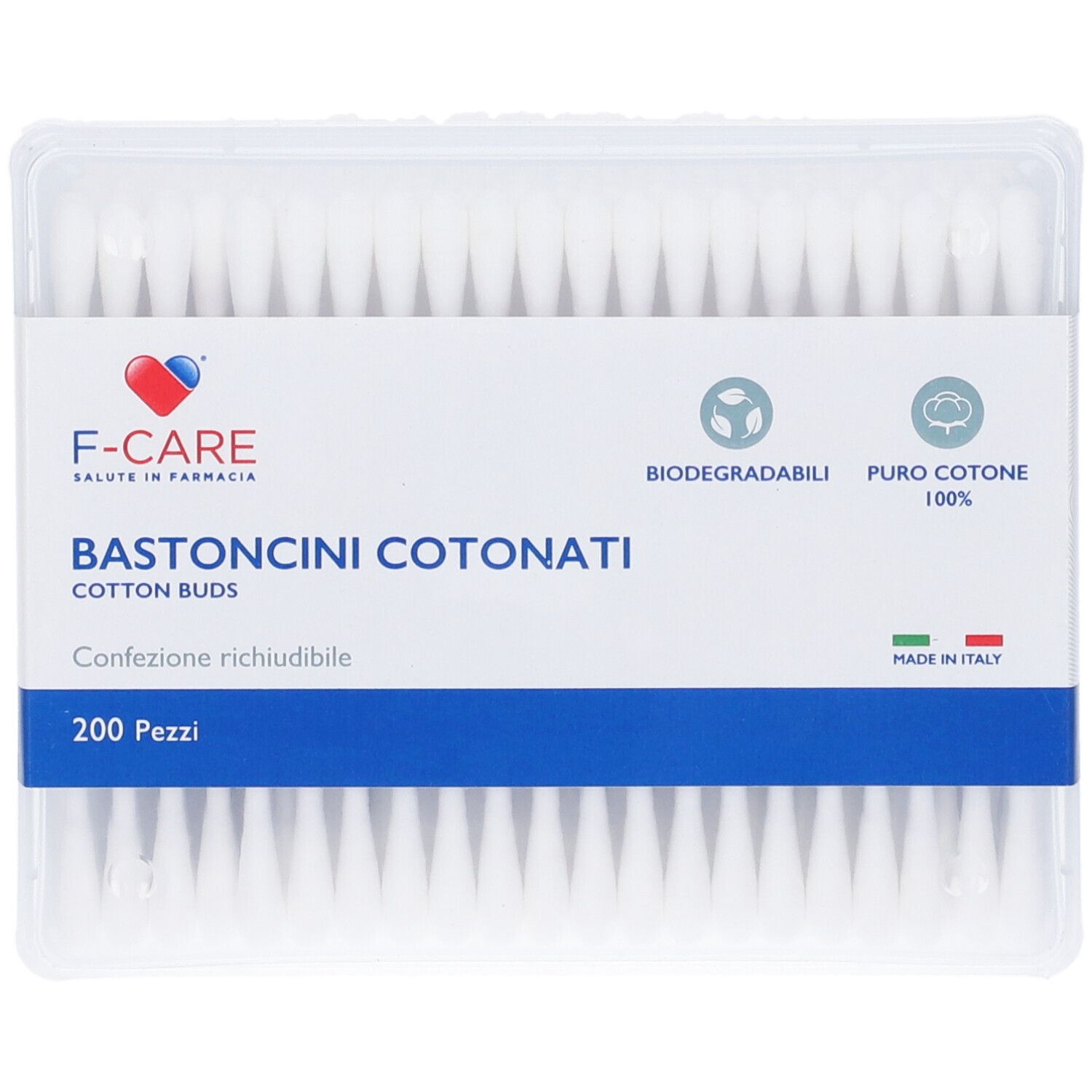 F-CARE Cotton Buds, 200 Stück, biologisch abbaubar, 100% reine Baumwolle, Made in Italy.