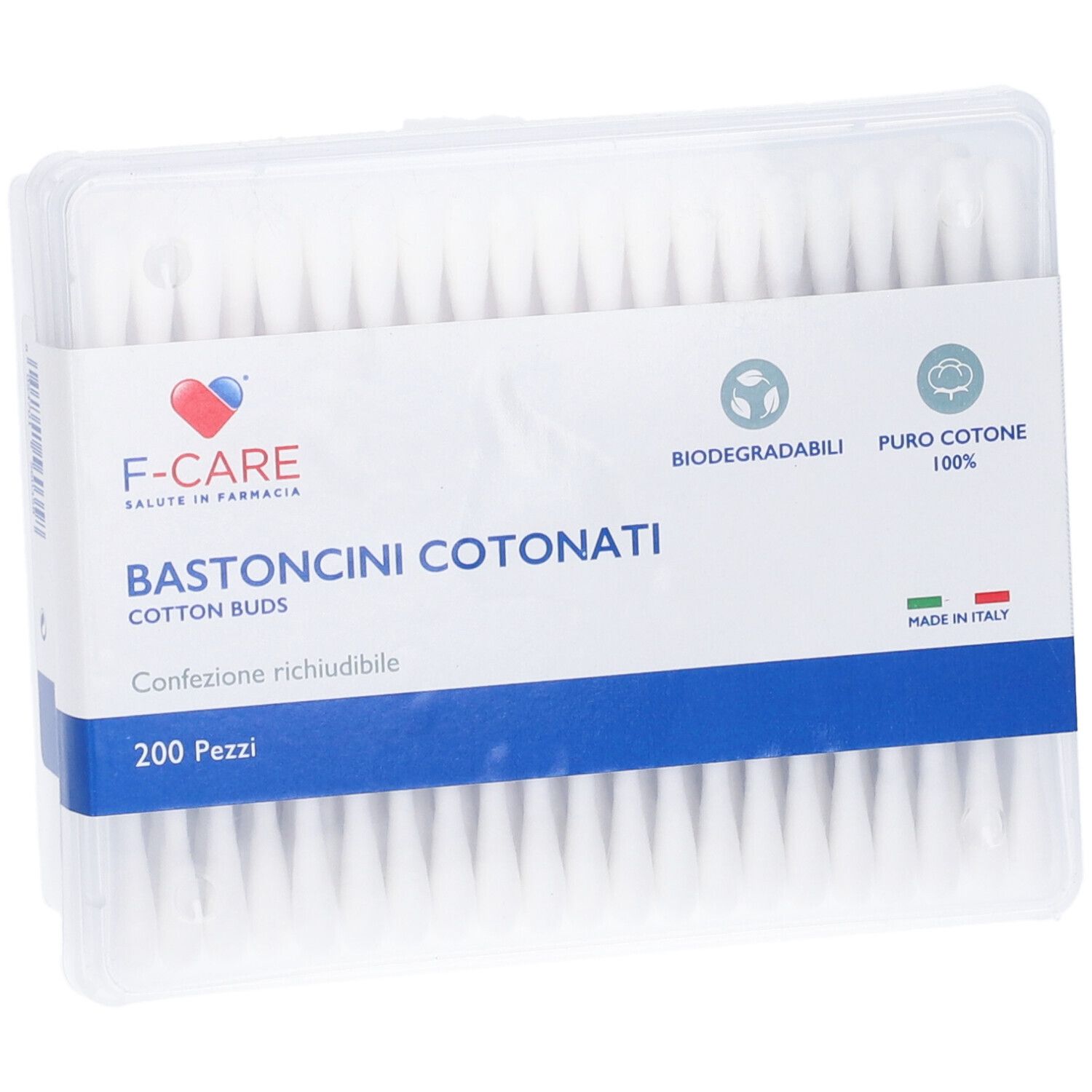 Verpackung mit 200 Wattestäbchen aus 100% Baumwolle, biologisch abbaubar, Made in Italy.