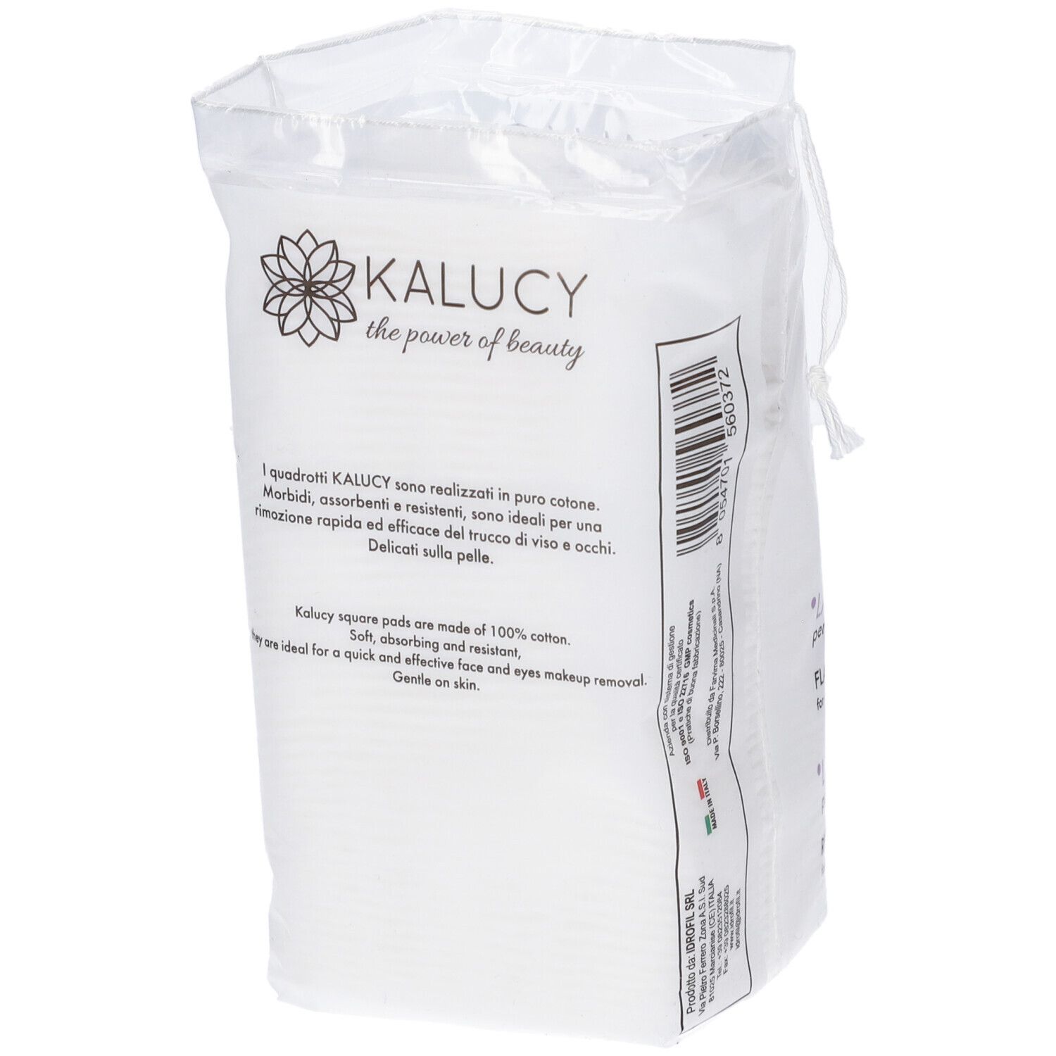 Verpackung mit 100% Baumwoll-Quadratpads der Marke KALUCY.