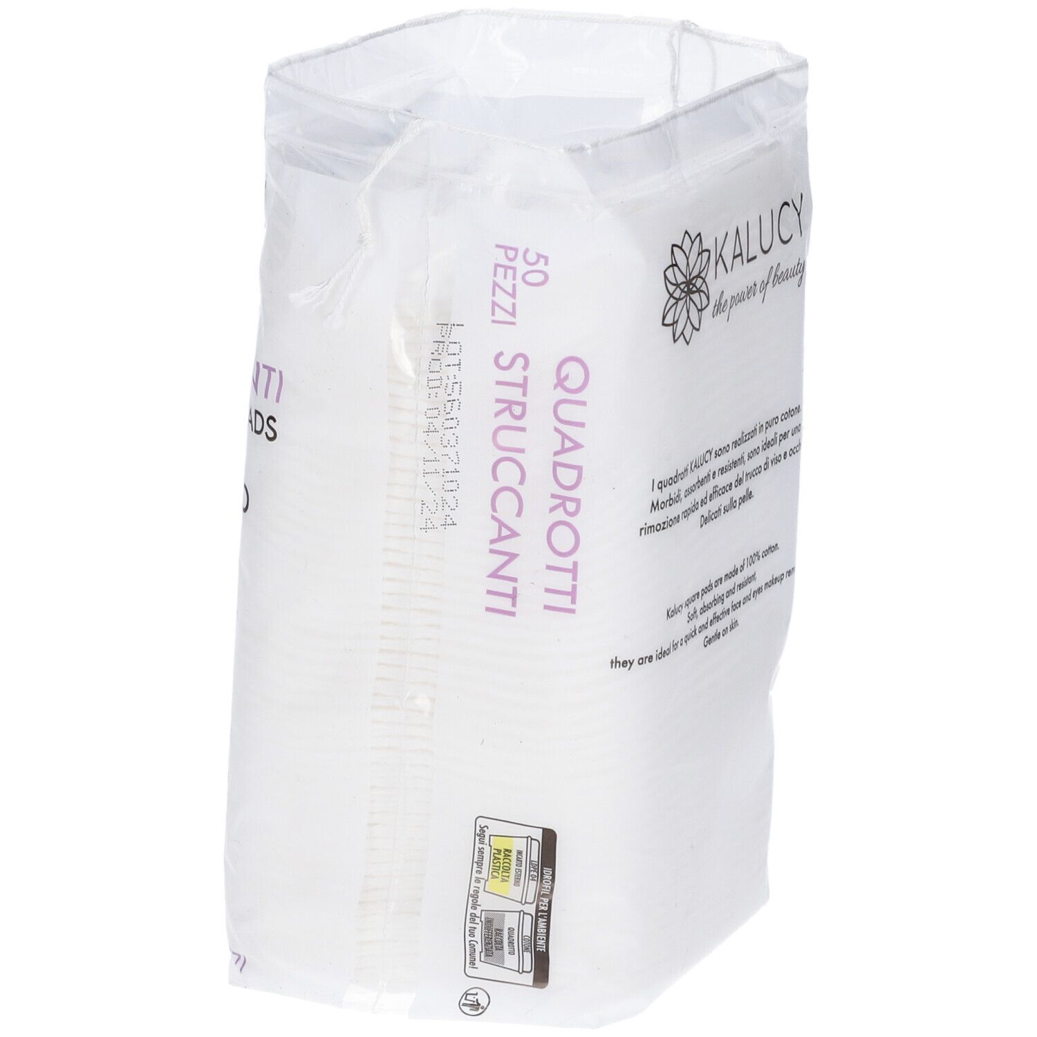 Verpackung mit 50 Stück Wattepads, Marke KALUCY.