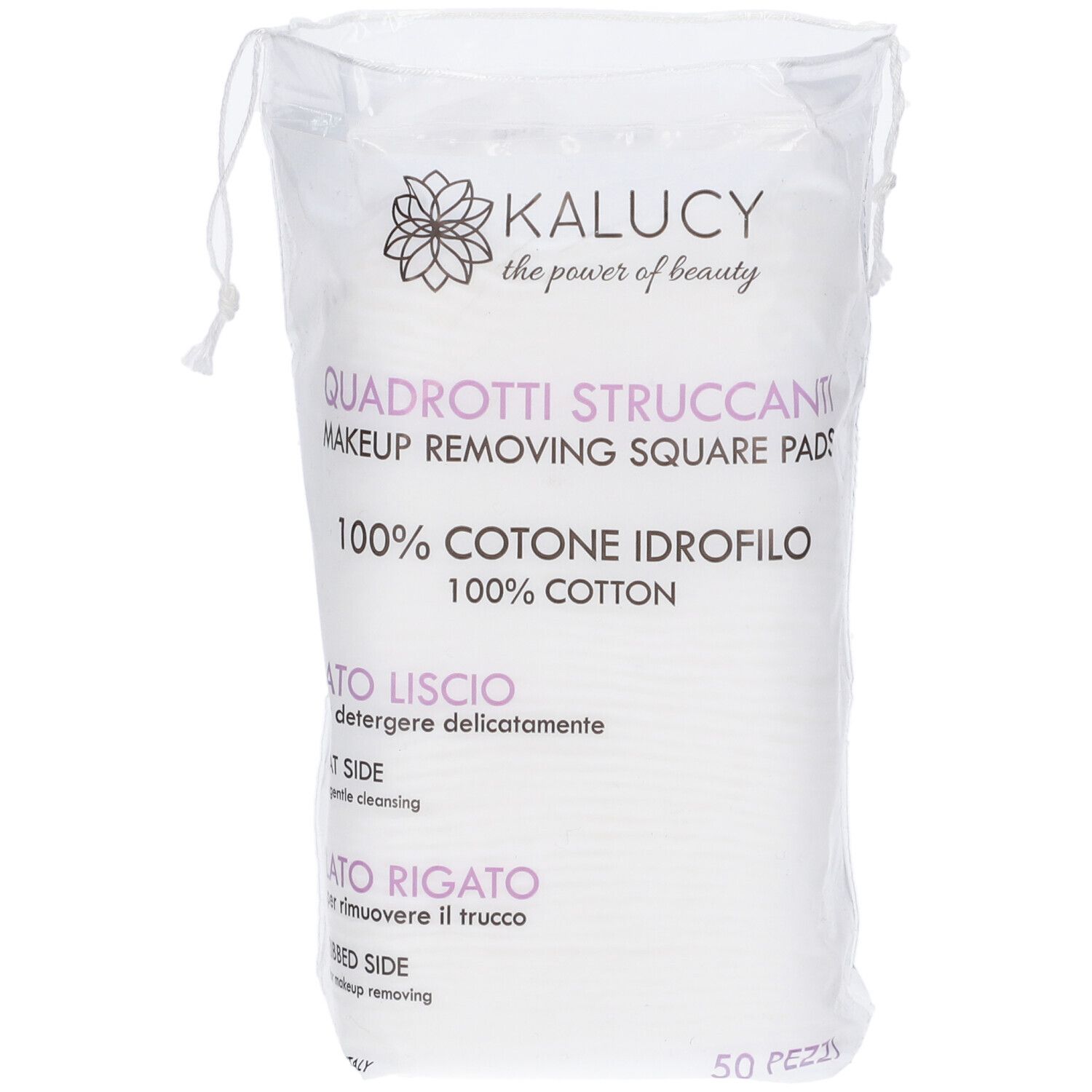 Verpackung mit 50 Kaluzy Make-up-Entfernungs-Quadratpads aus 100% Baumwolle.