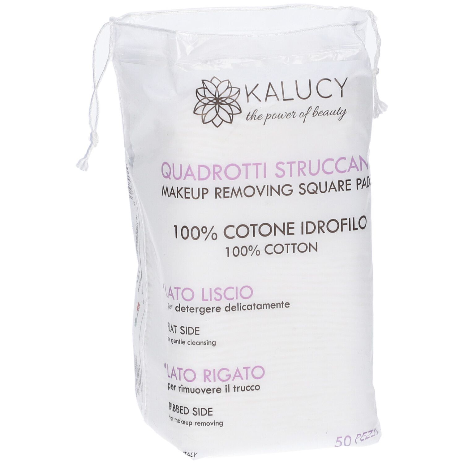 Packung mit 50 Kaluci Make-up-Entfernungsquadraten aus 100% Baumwolle, glatte und gerippte Seite.