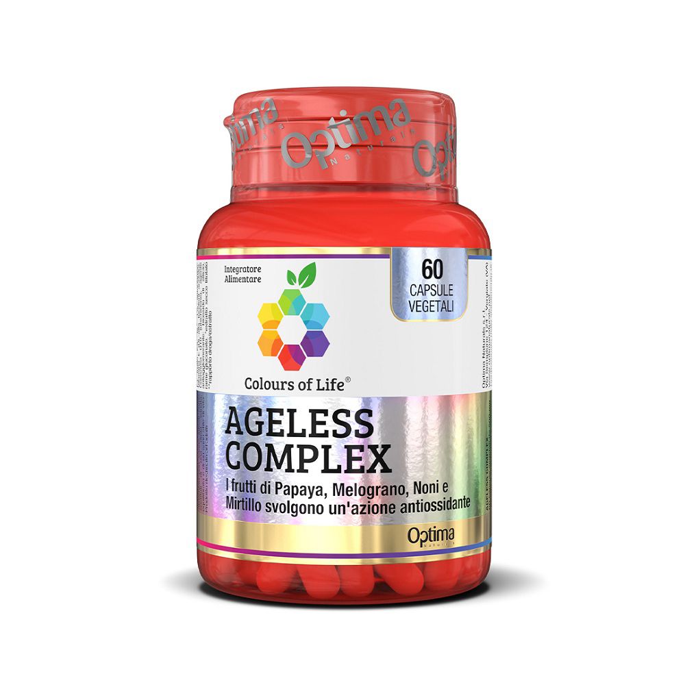 Rote Dose mit Colours of Life Ageless Complex Kapseln, 60 vegetarische Kapseln.
