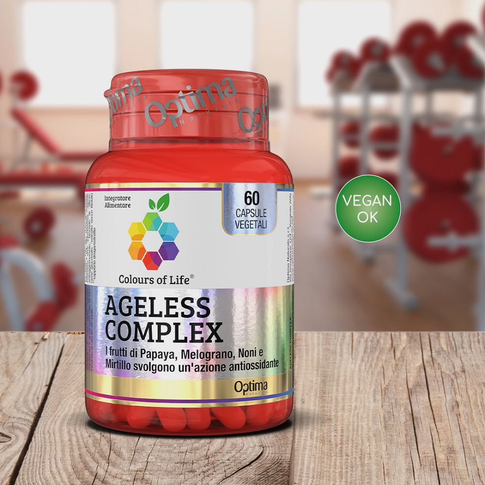Rote Dose Colours of Life Ageless Complex im Fitnessstudio, "Vegan OK"-Siegel.