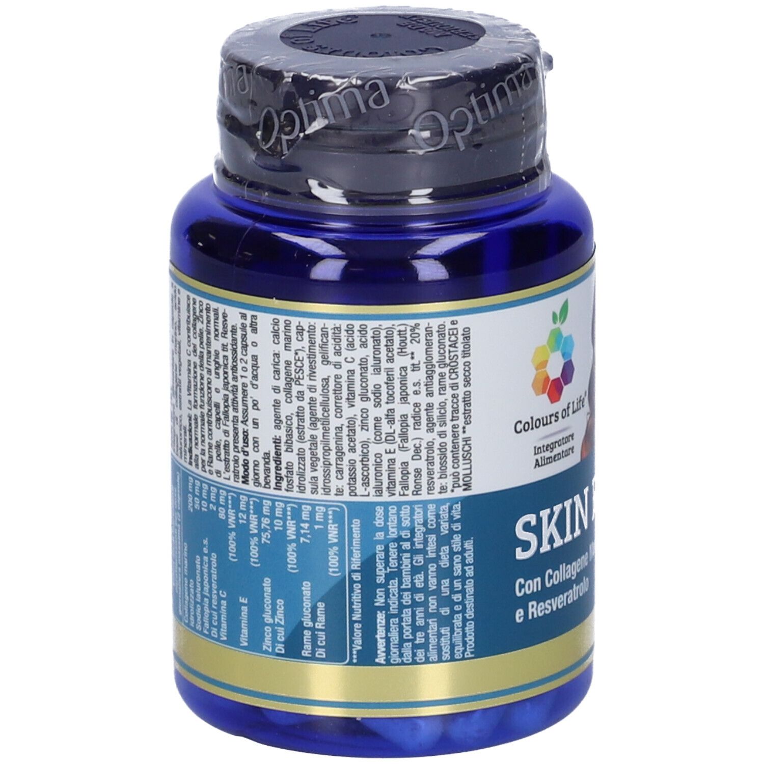 Blaue Flasche, Rückseite mit Text und Nährwertangaben. Farben von Life Logo. Optima-Logo. Text in italienischer Sprache.