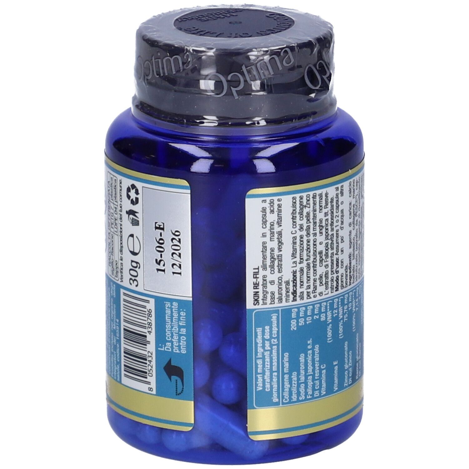 Blaue Flasche mit Kapseln. Aufschrift: SKIN RE-FILL. 30g. Verfallsdatum 12/2026. Optima-Logo. Text in italienischer Sprache.