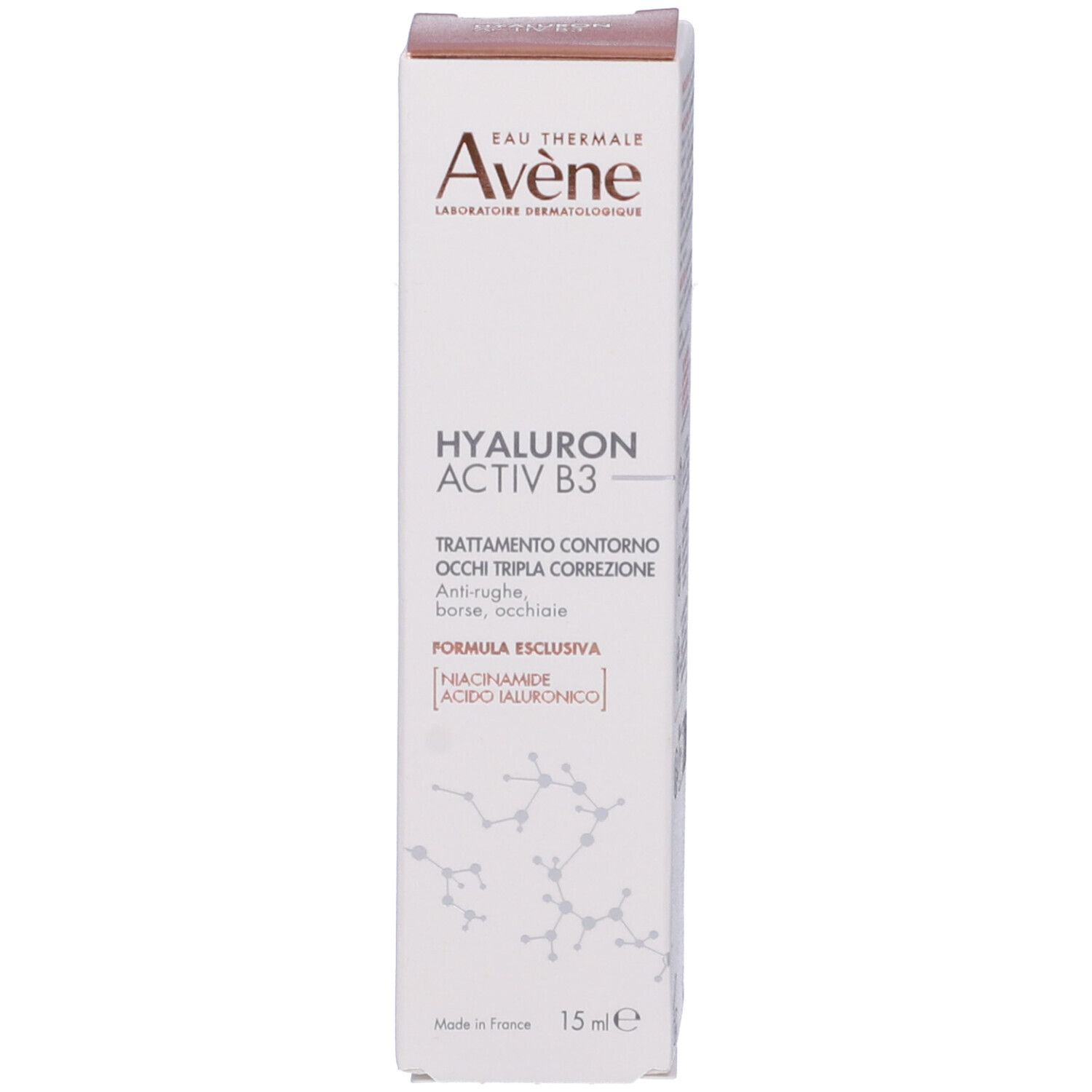 Confezione del prodotto. Marca Eau Thermale Avène. Testo: Hyaluron Activ B3. Crema occhi. Testo italiano.