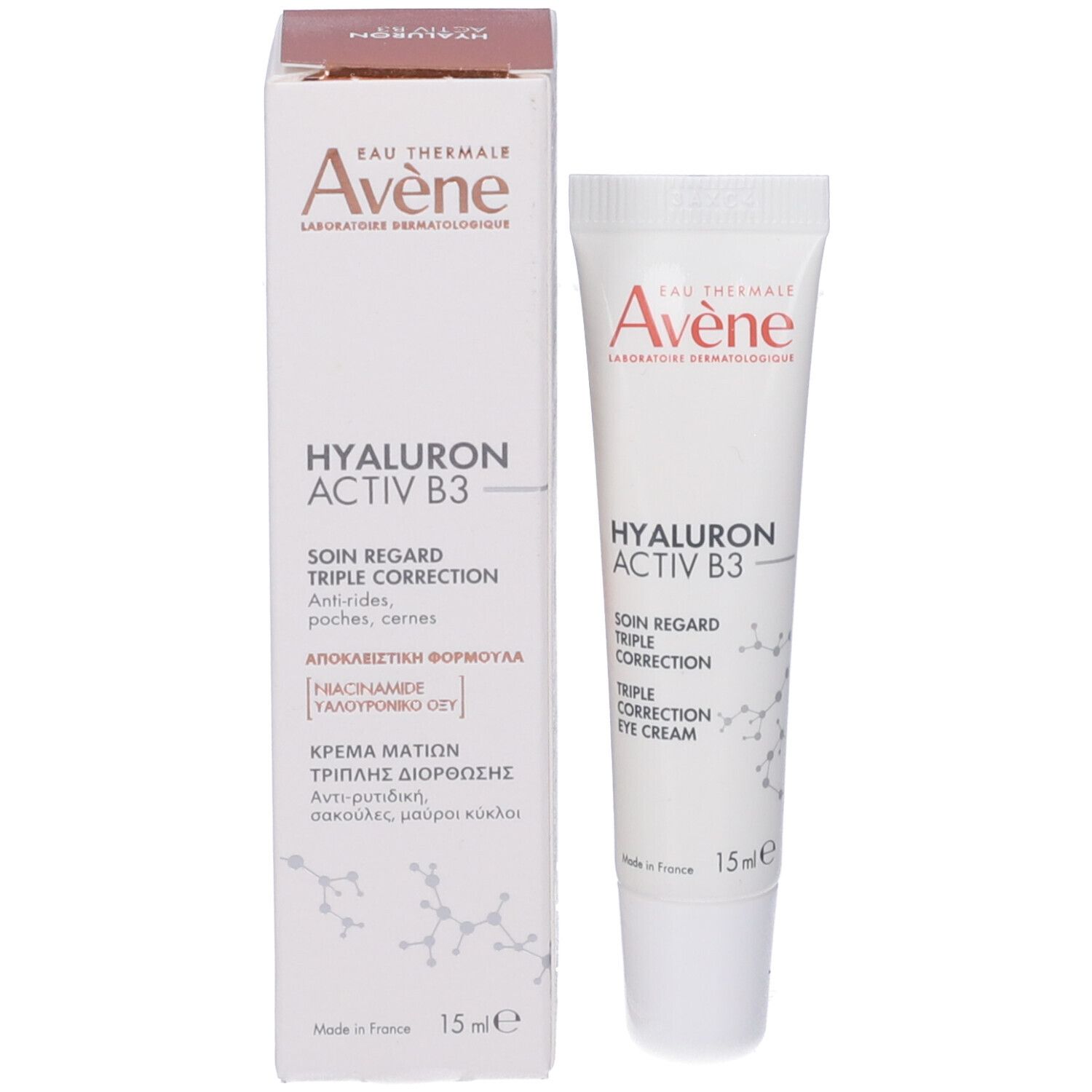 Confezione e tubo del prodotto. Marca Eau Thermale Avène. Testo: Hyaluron Activ B3. Crema occhi. 15 ml.