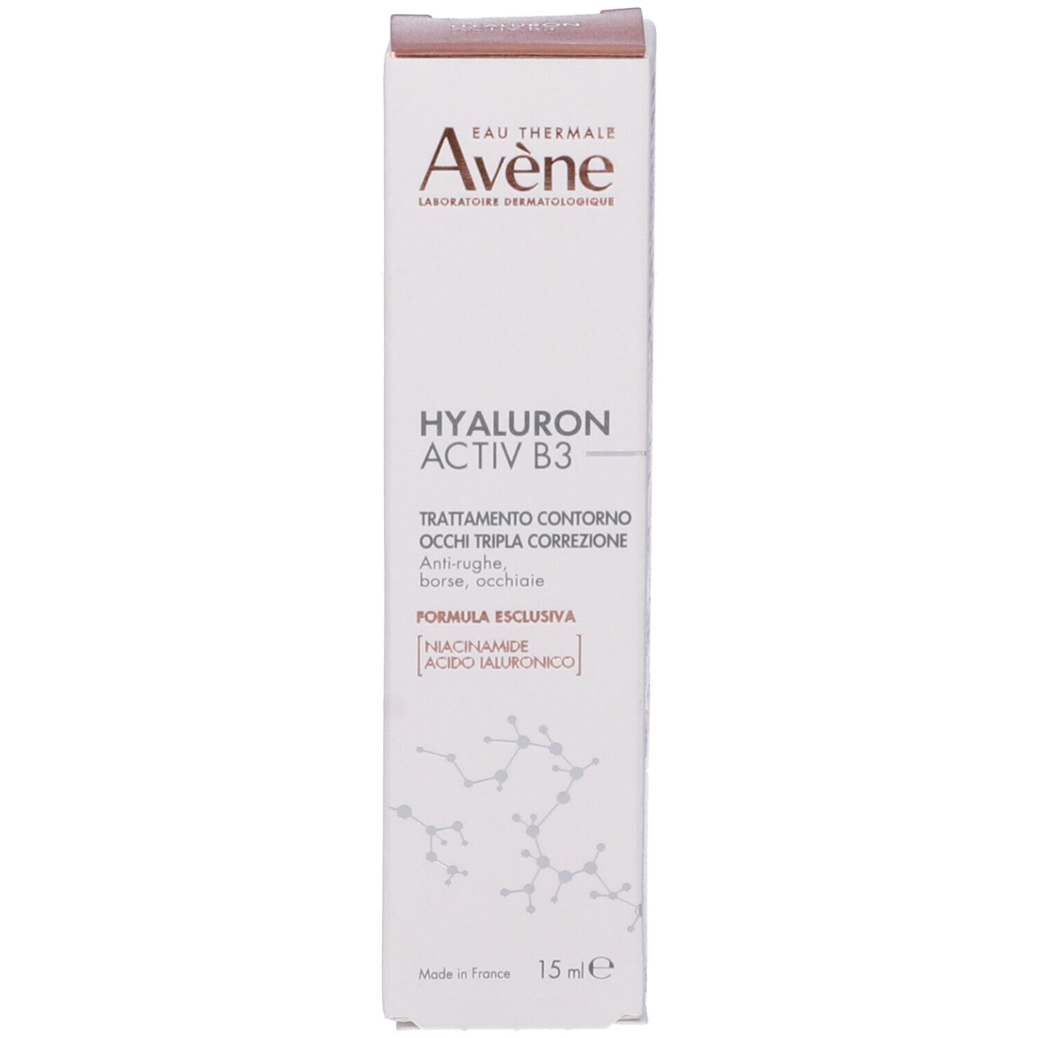 Confezione del prodotto. Marca Eau Thermale Avène. Testo: Hyaluron Activ B3. Crema occhi. Testo italiano.