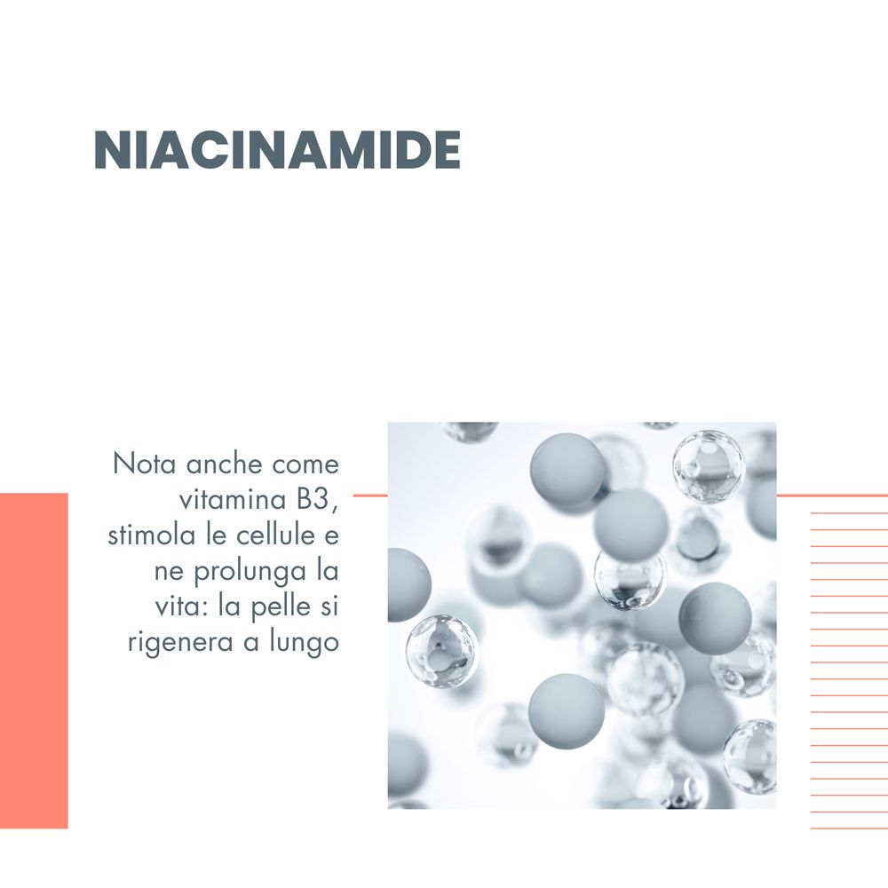 Grafica con testo: Niacinamide. Testo sull'effetto della vitamina B3 sulla pelle. Sferette grigie.