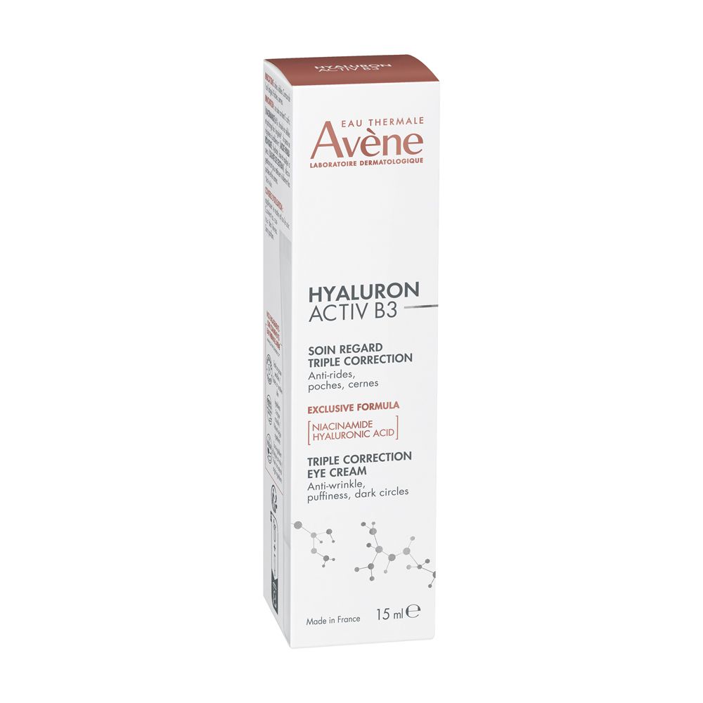 Confezione del prodotto. Marca Eau Thermale Avène. Testo: Hyaluron Activ B3. Crema occhi. 15 ml.