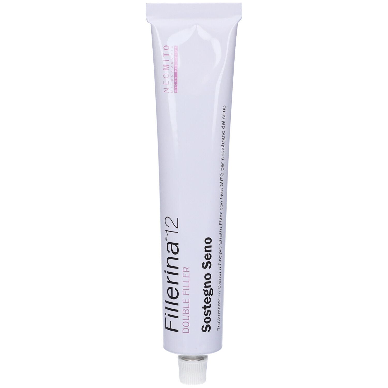 Tubo bianco con nome prodotto Fillerina 12 Double Filler Sostegno Seno. Scritta nera e rosa. Tappo argentato.