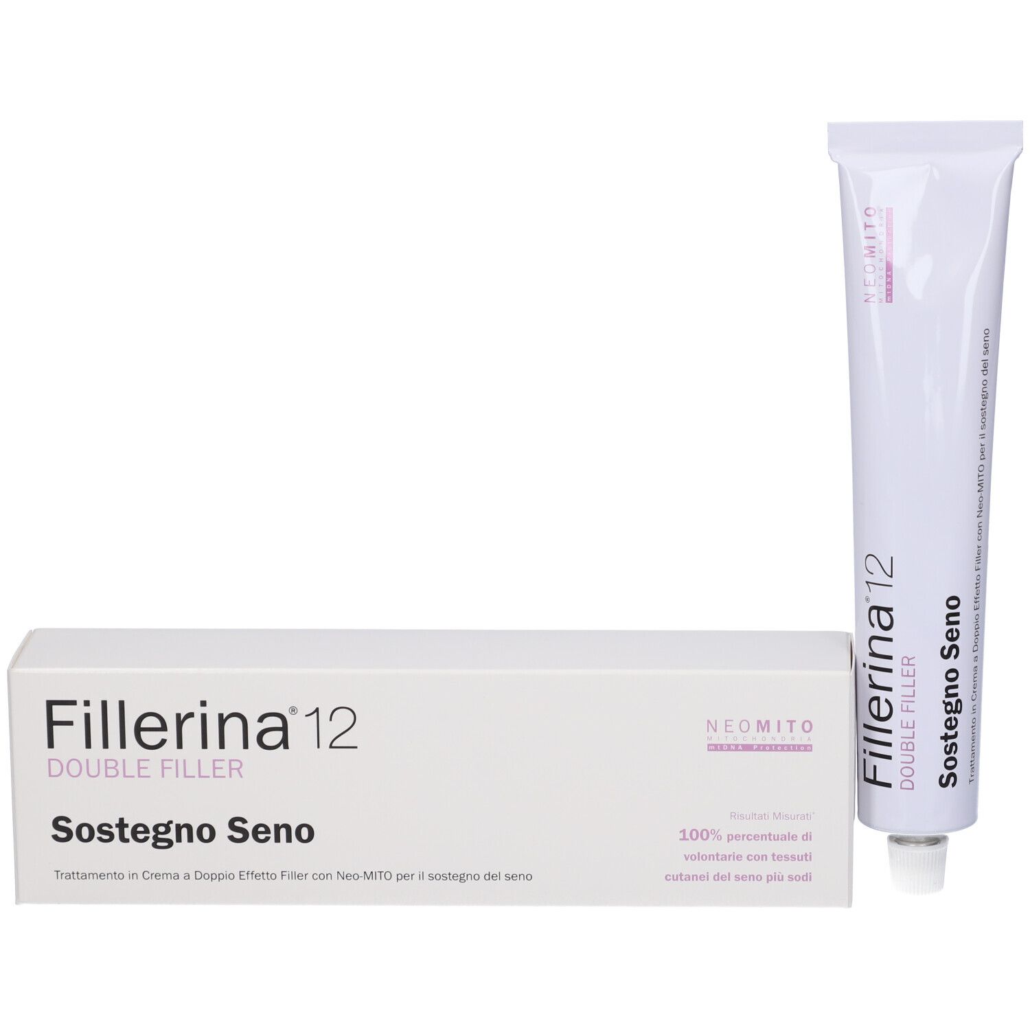 Confezione del prodotto e tubo. Confezione bianca con nome prodotto Fillerina 12 Double Filler Sostegno Seno. Tubo accanto.
