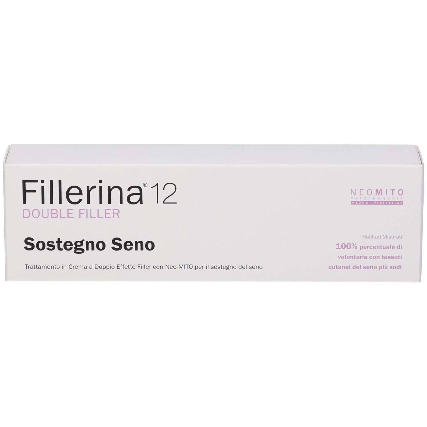Confezione bianca del prodotto. Scritta Fillerina 12 Double Filler Sostegno Seno. Testo in nero e rosa. Logo Neomito.