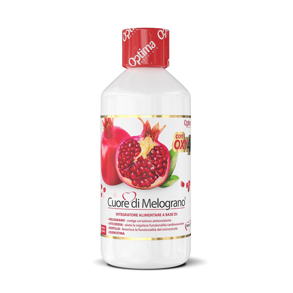 Weiße Flasche mit Granatapfel-Motiv und der Aufschrift 'Cuore di Melograno Saft mit Granatapfel OXY 4'.