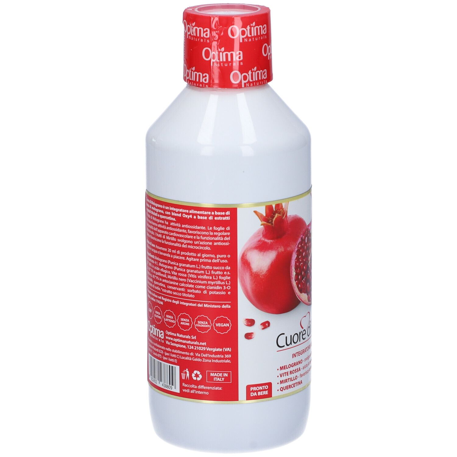 Rückseite der weißen Flasche. Etikett mit Text und Granatapfel-Illustration. Marke Optima Naturals.