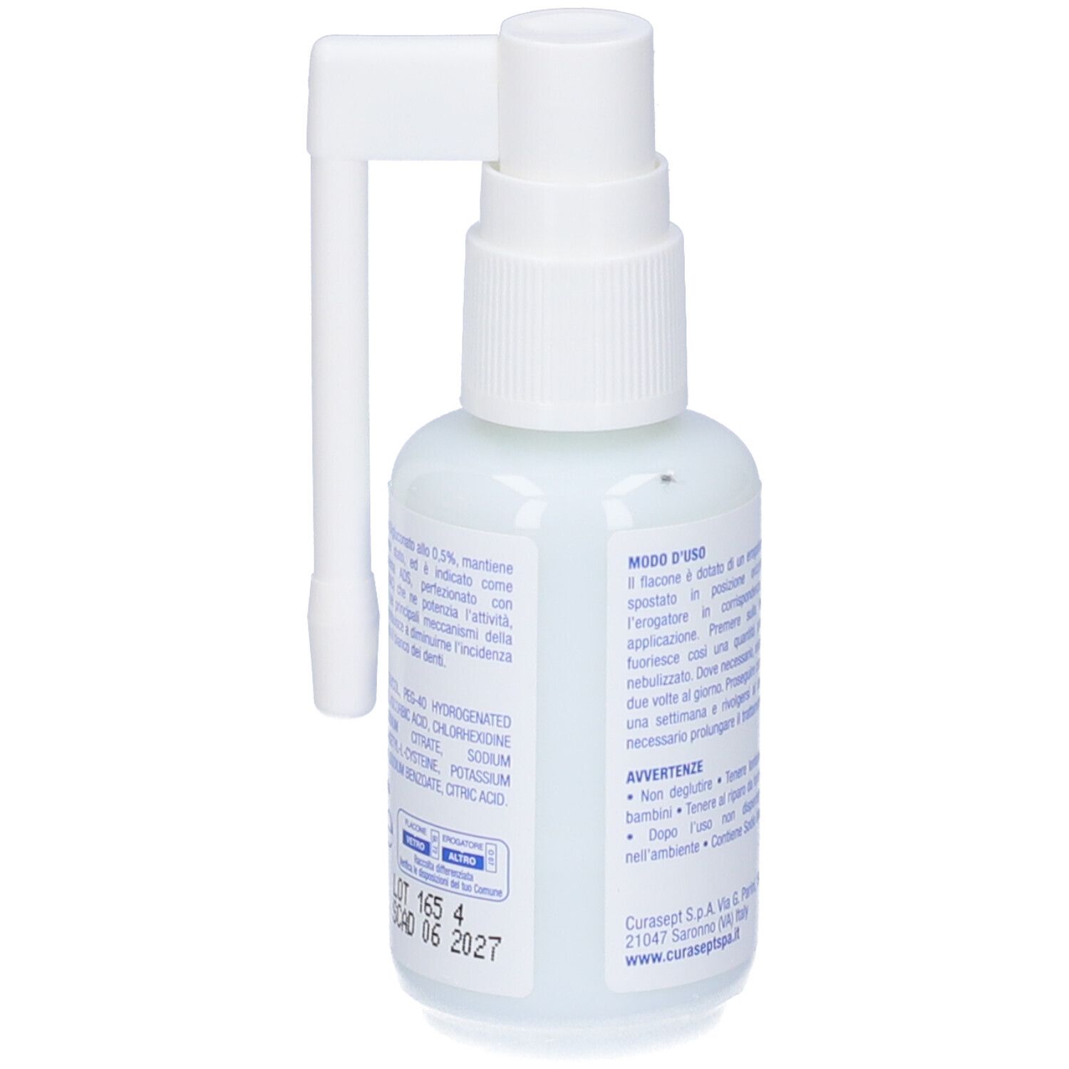 Weiße Sprühflasche mit langem Applikator. Enthält sichtbare Produktinformationen und Chargennummer.