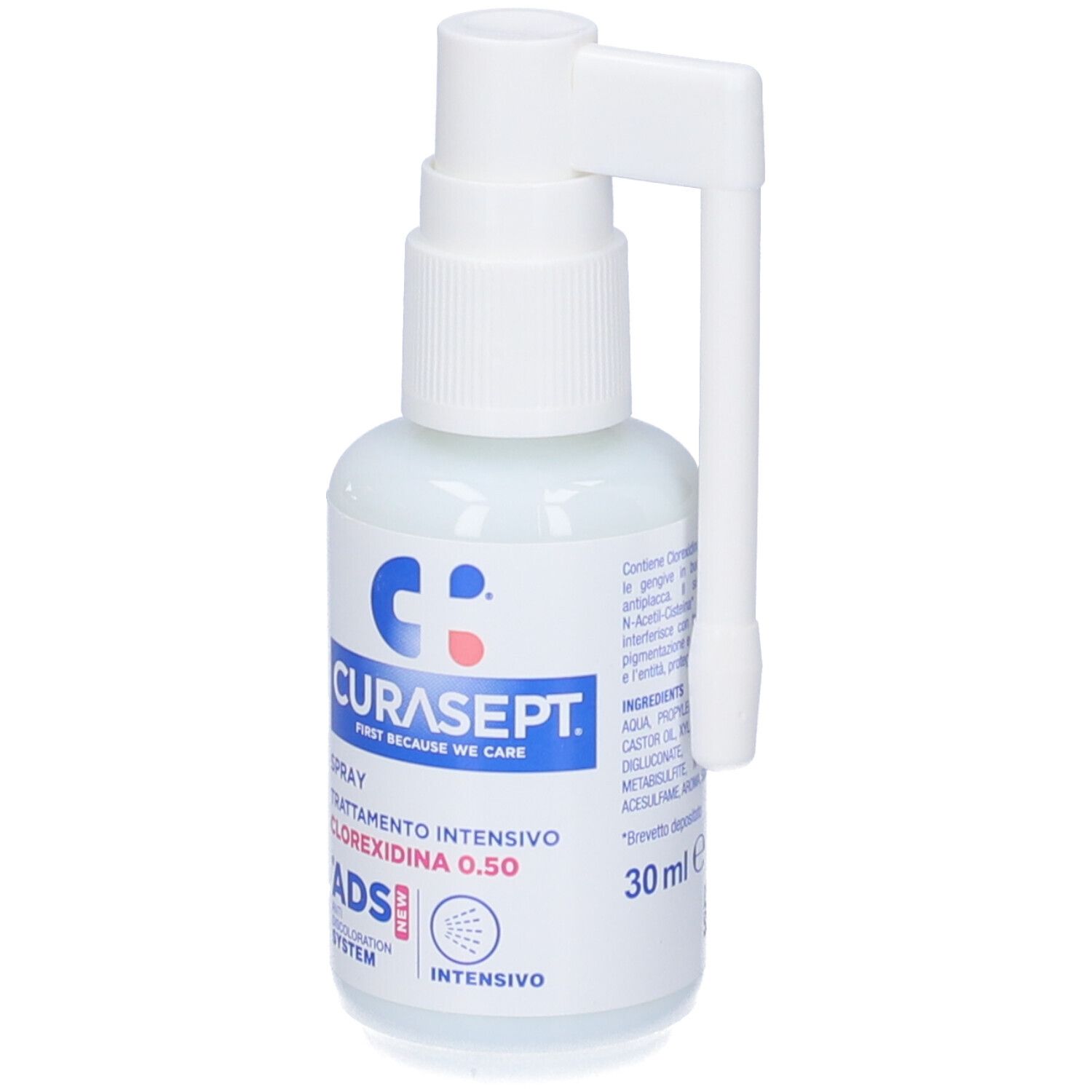 Weiße Sprühflasche mit Applikator, 30ml. Beschriftung: CURASEPT, Chlorhexidina 0.50.