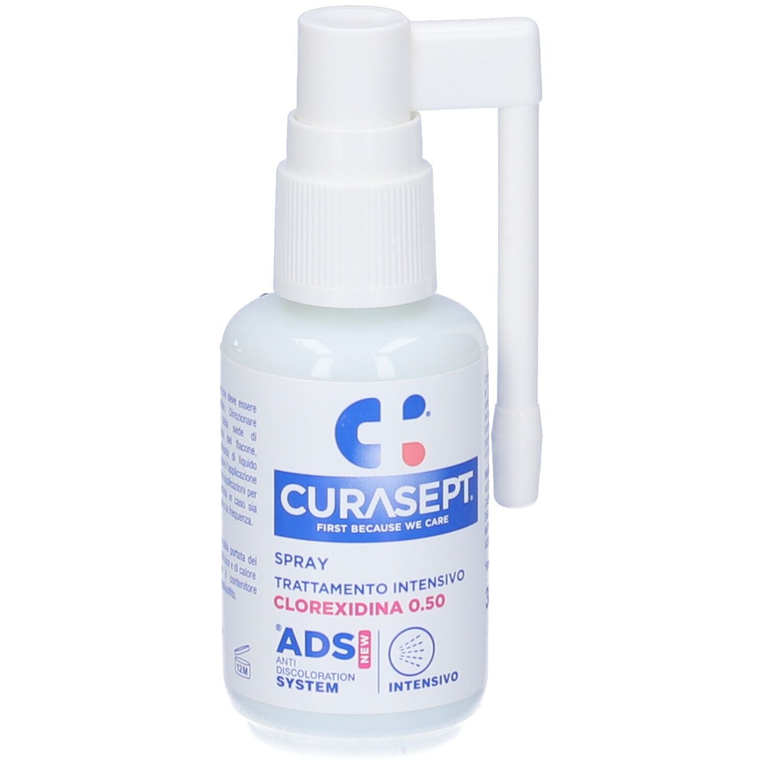 Weiße Sprühflasche mit Applikator, Curasept, Spray, Trattamento Intensivo Clorexidina 0.50, ADS Anti-Discoloration System.