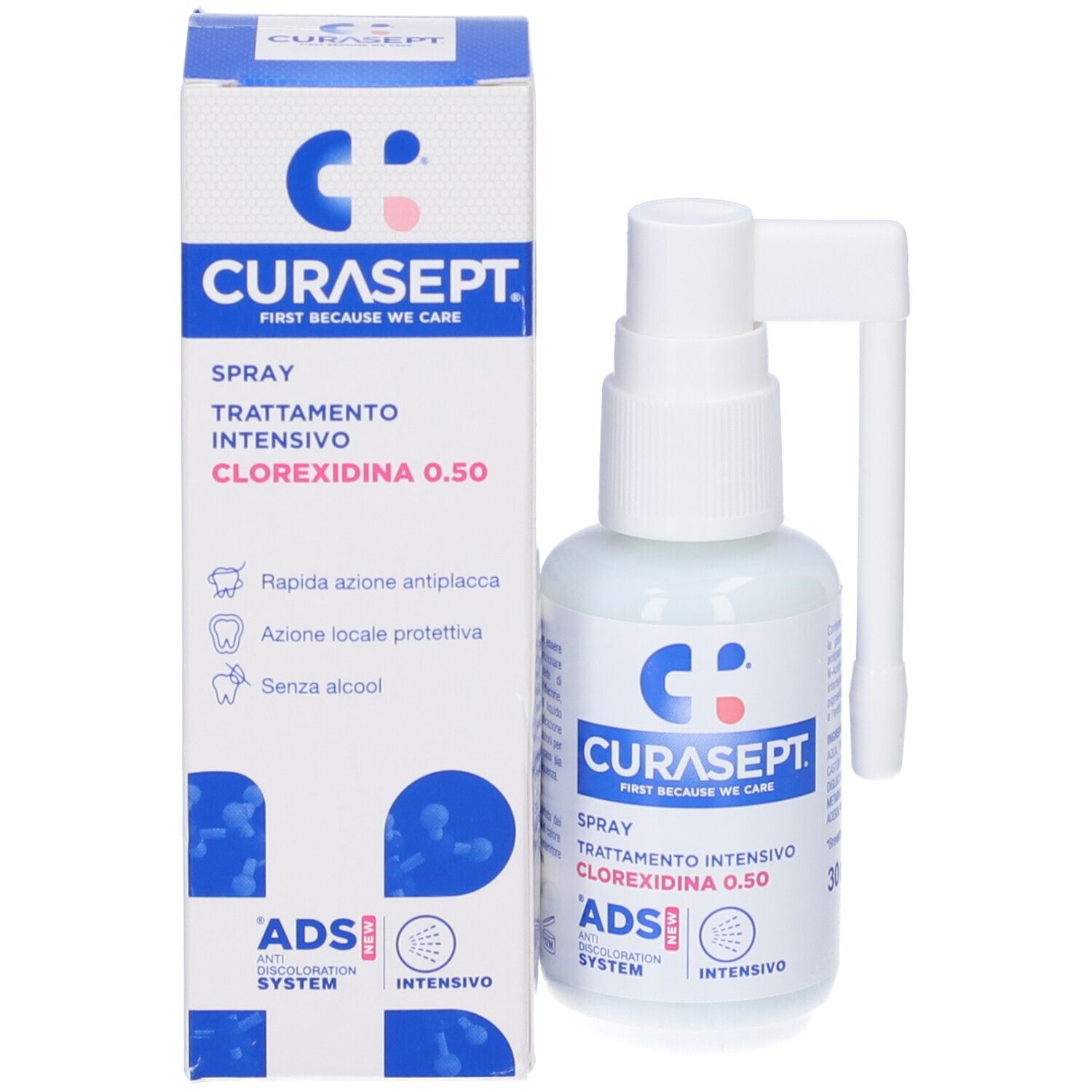 Curasept Intensiv Chlorhexidin 0.50 Spray mit Applikator. Weiße Flasche mit blauer und rosa Beschriftung.