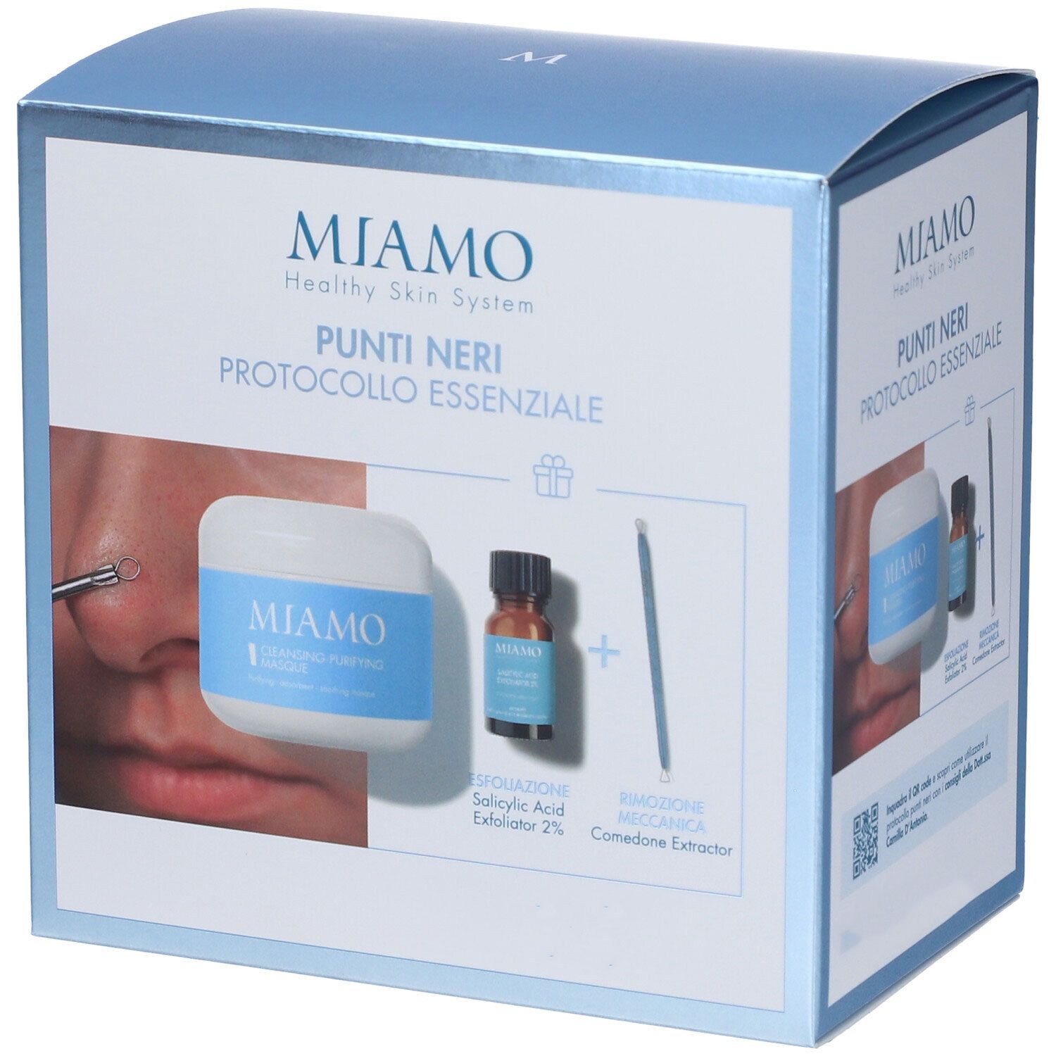 Confezione prodotto. Contiene crema, siero, estrattore. Scritta: Miamo, Punti Neri, Protocollo Essenziale.