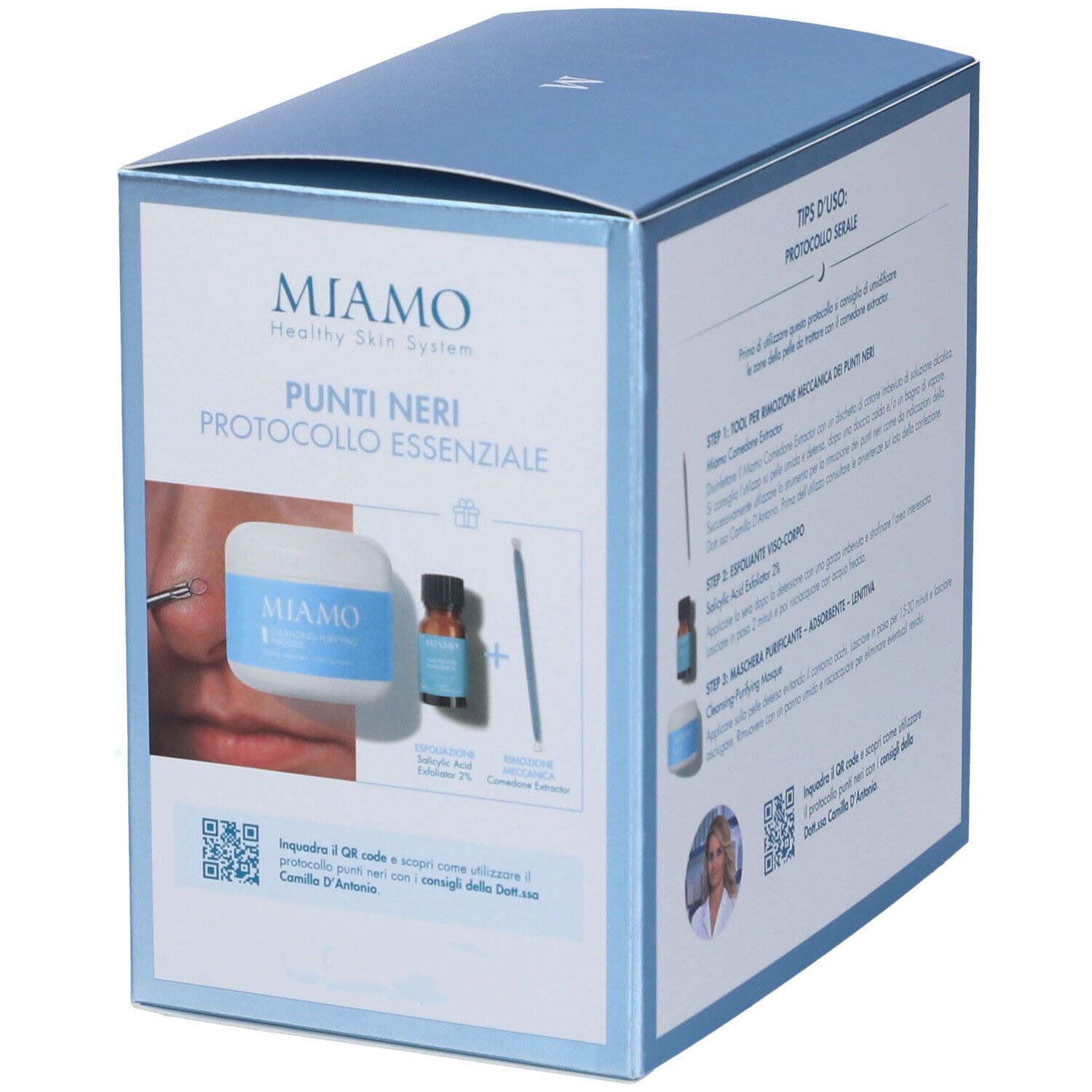 Confezione prodotto. Contiene crema, siero, estrattore. Scritta: Miamo, Punti Neri, Protocollo Essenziale. Con QR code.