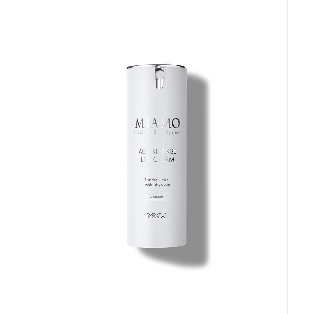 Cilindro bianco con tappo argentato. Scritta: Miamo, Age Reverse Eye Cream.