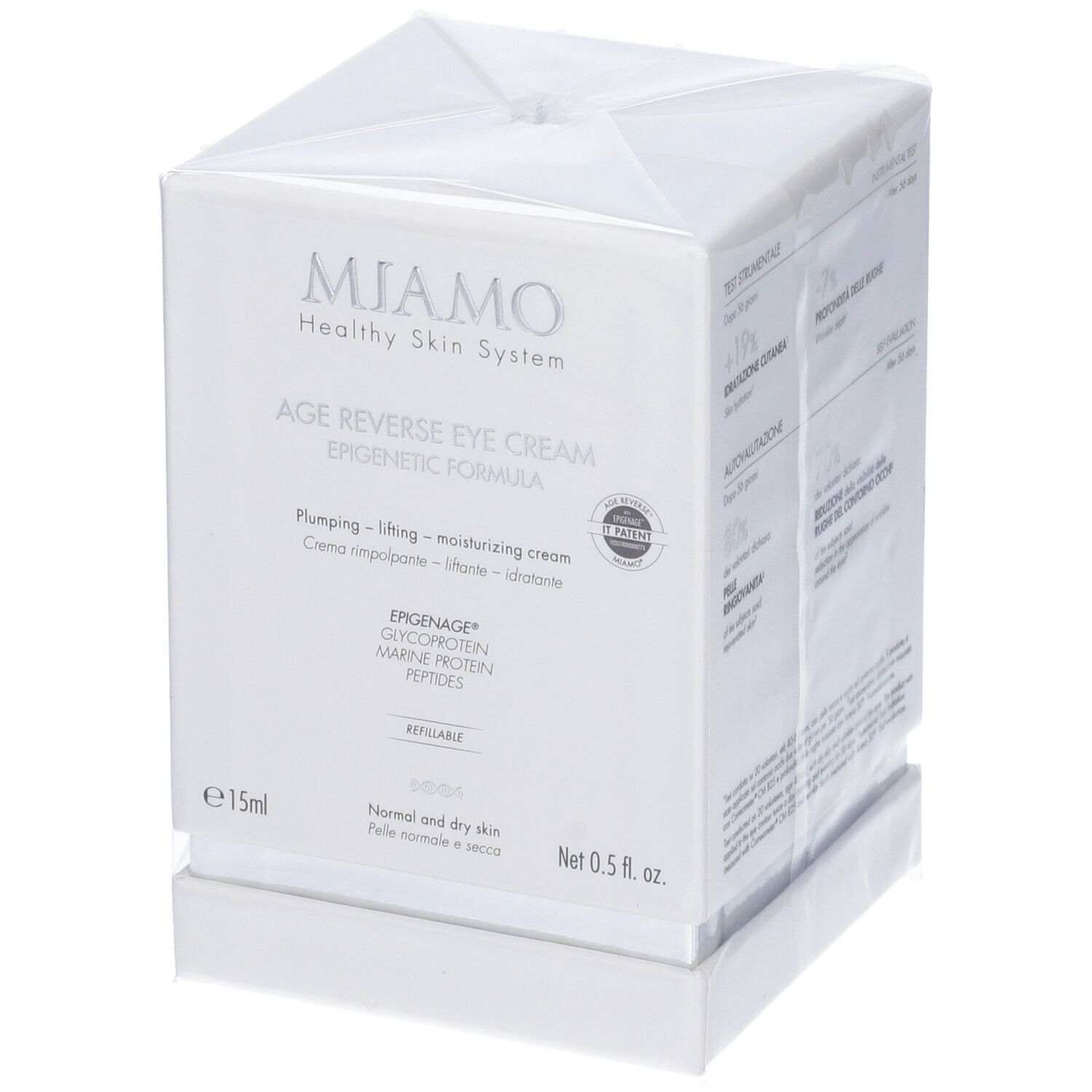 Confezione bianca con informazioni sul prodotto. Scritta: Miamo, Age Reverse Eye Cream, 15ml.